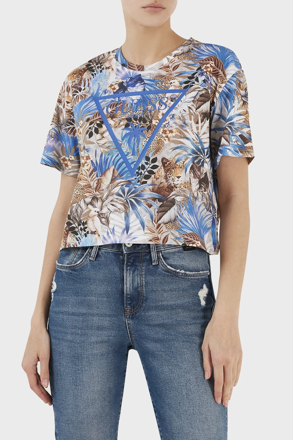 Guess Aop Desenli Bisiklet Yaka % 100 Pamuk Regular Fit Bayan T Shirt E3GI01JA914 P7HB MAVİ - 1