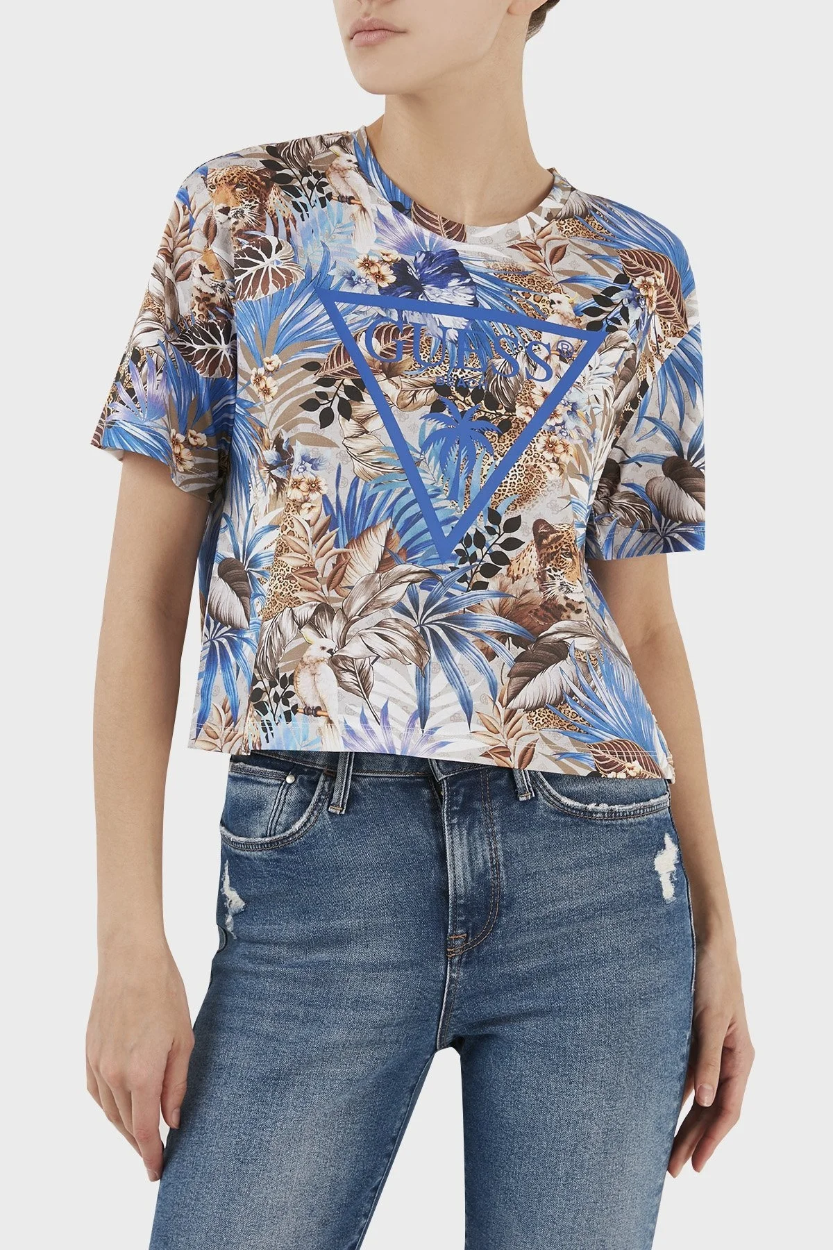 Guess Aop Desenli Bisiklet Yaka % 100 Pamuk Regular Fit Bayan T Shirt E3GI01JA914 P7HB MAVİ - 2