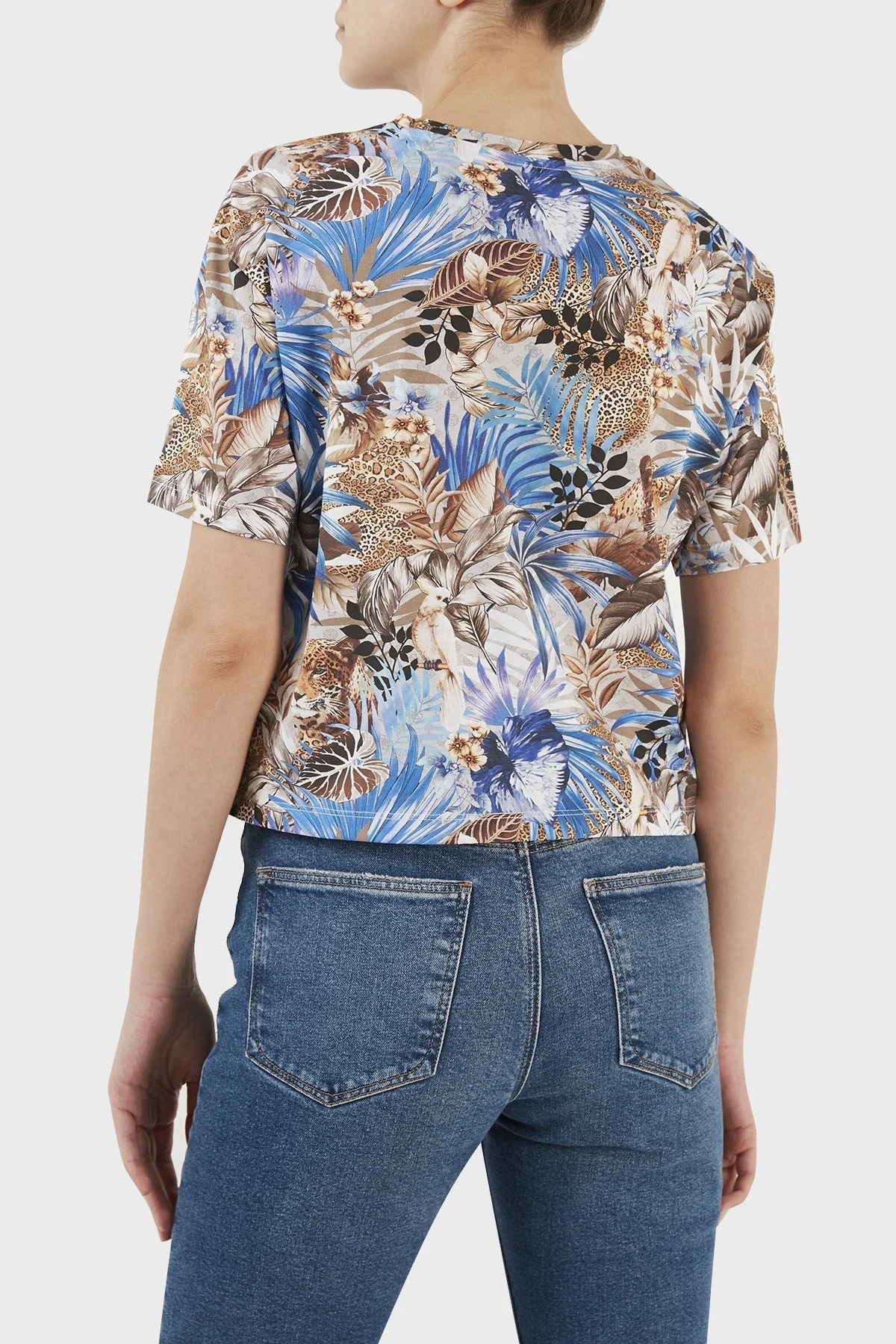 Guess Aop Desenli Bisiklet Yaka % 100 Pamuk Regular Fit Bayan T Shirt E3GI01JA914 P7HB MAVİ - 5