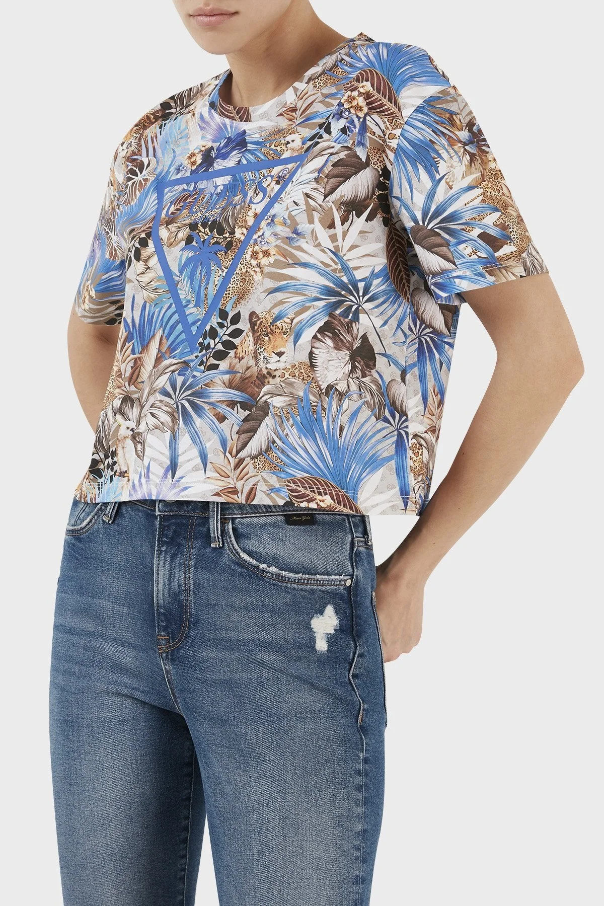 Guess Aop Desenli Bisiklet Yaka % 100 Pamuk Regular Fit Bayan T Shirt E3GI01JA914 P7HB MAVİ - 6