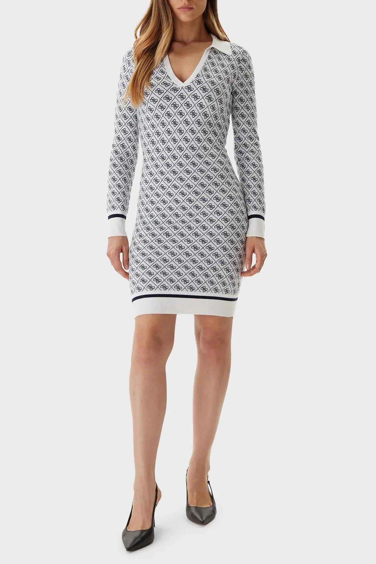 Guess Aubrey Yün Karışımlı Logolu Slim Fit V Yaka Mini W5BK25Z3JD2 Bayan Elbise W5BK25 Z3JD2 F0YU BEYAZ - 2