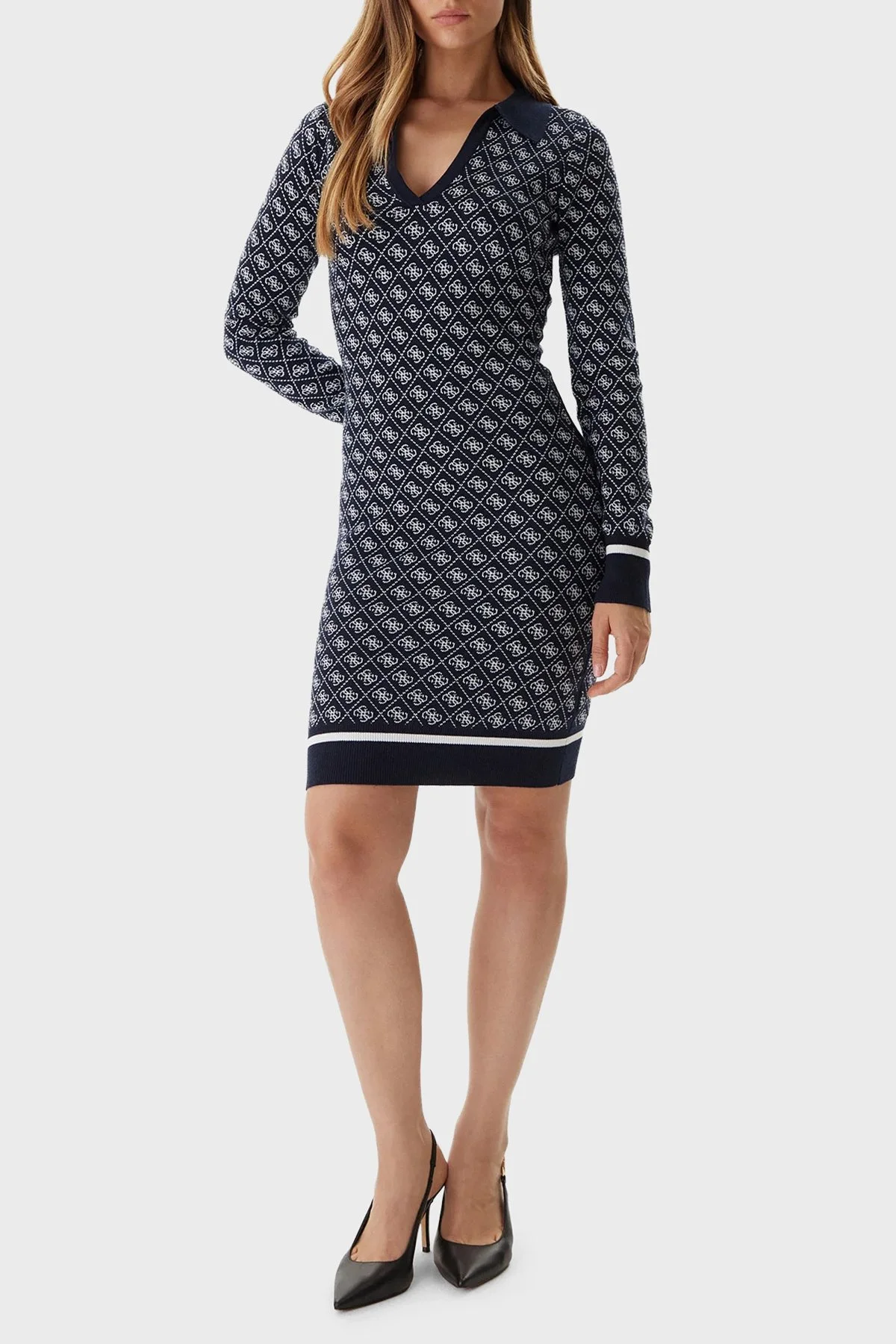 Guess Aubrey Yün Karışımlı Logolu Slim Fit V Yaka Mini W5BK25Z3JD2 Bayan Elbise W5BK25 Z3JD2 FBDI SİYAH - 2