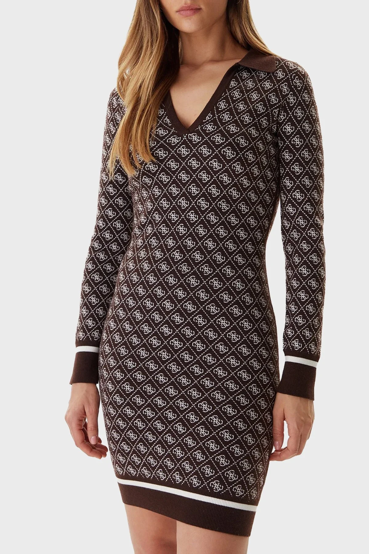 Guess Aubrey Yün Karışımlı Logolu Slim Fit V Yaka Mini W5BK25Z3JD2 Bayan Elbise W5BK25 Z3JD2 FNHT KAHVE - 1