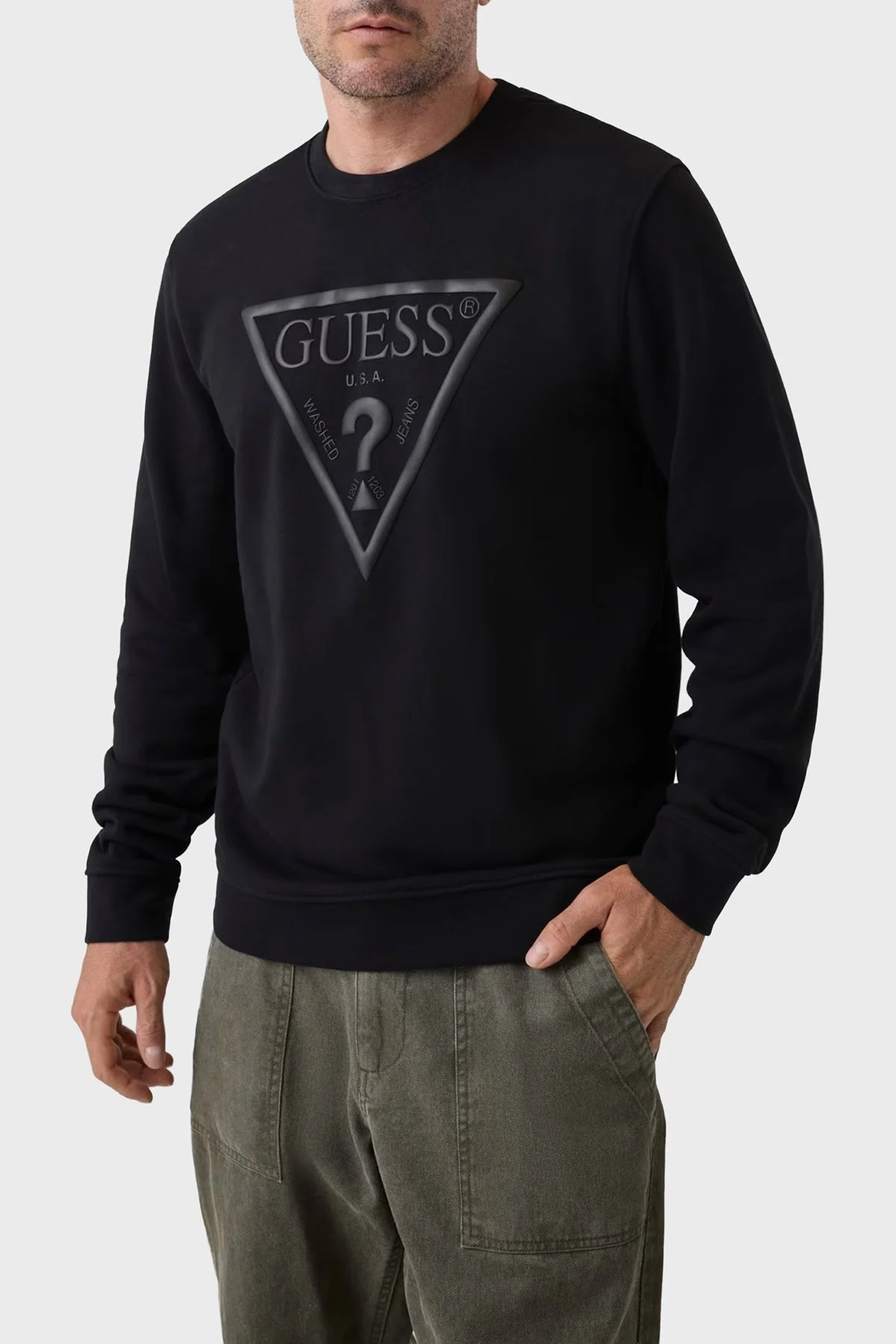 Guess Audley Logolu Pamuklu Bisiklet Yaka M6YQ37K4103 Erkek Sweat M6YQ37 K4103 JBLK Siyah - 1