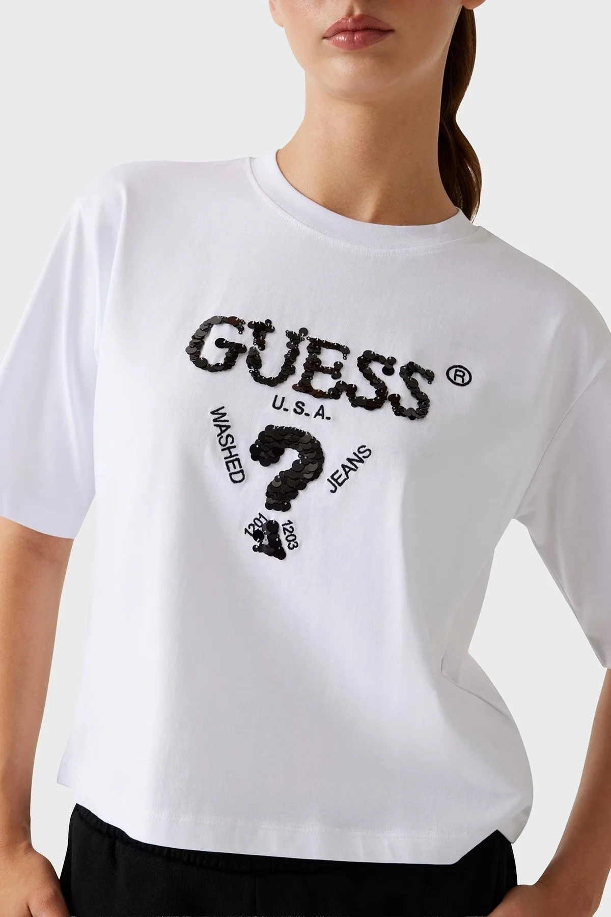 Guess Aurelie Pamuklu Payetli Relaxed Fit Bisiklet Yaka V4YI06I3Z14 Bayan T Shirt V4YI06 I3Z14 G011 BEYAZ - 4