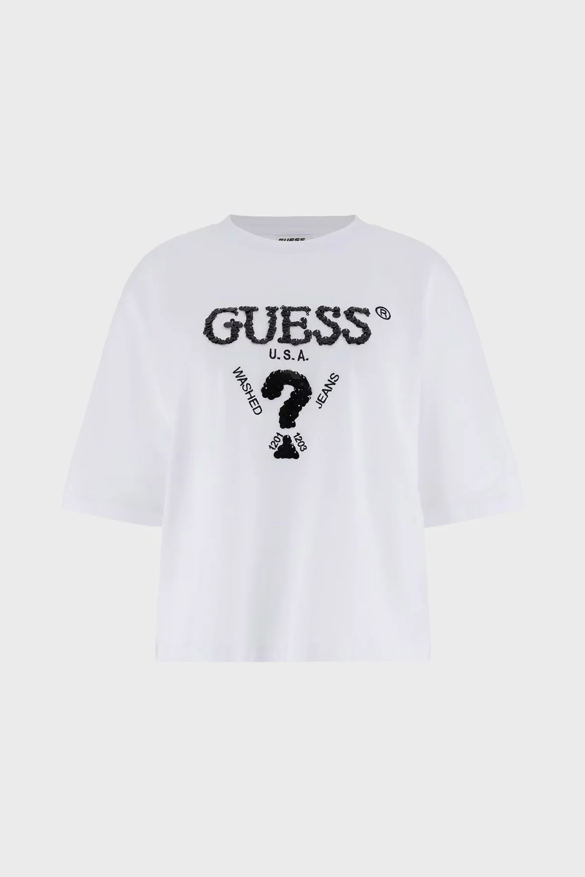 Guess Aurelie Pamuklu Payetli Relaxed Fit Bisiklet Yaka V4YI06I3Z14 Bayan T Shirt V4YI06 I3Z14 G011 BEYAZ - 5