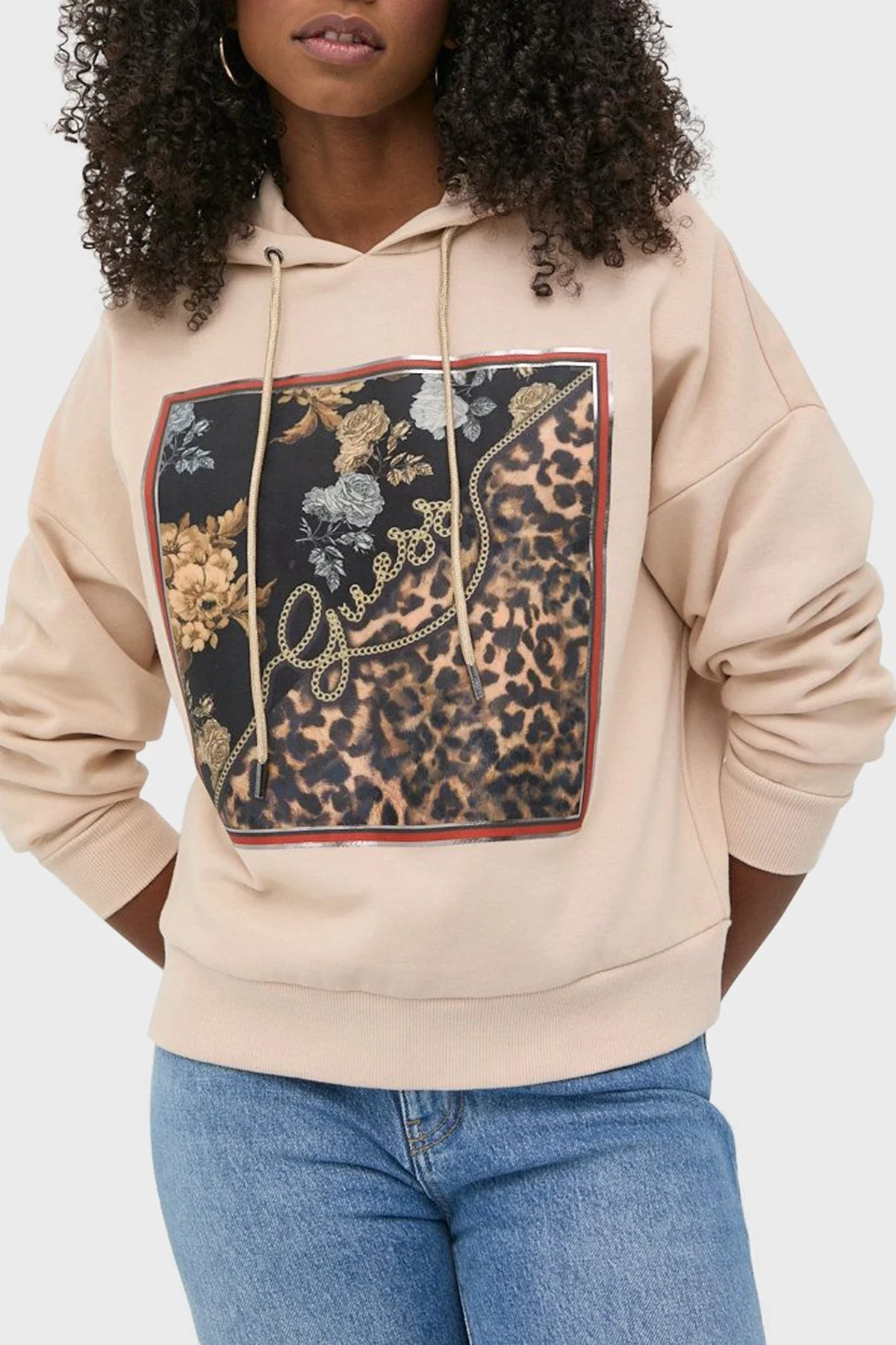 Guess Baskılı Kapüşonlu Regular Fit Pamuklu Zenovia Bayan Sweat W2BQ10K9YH1 G133 BEJ - 1