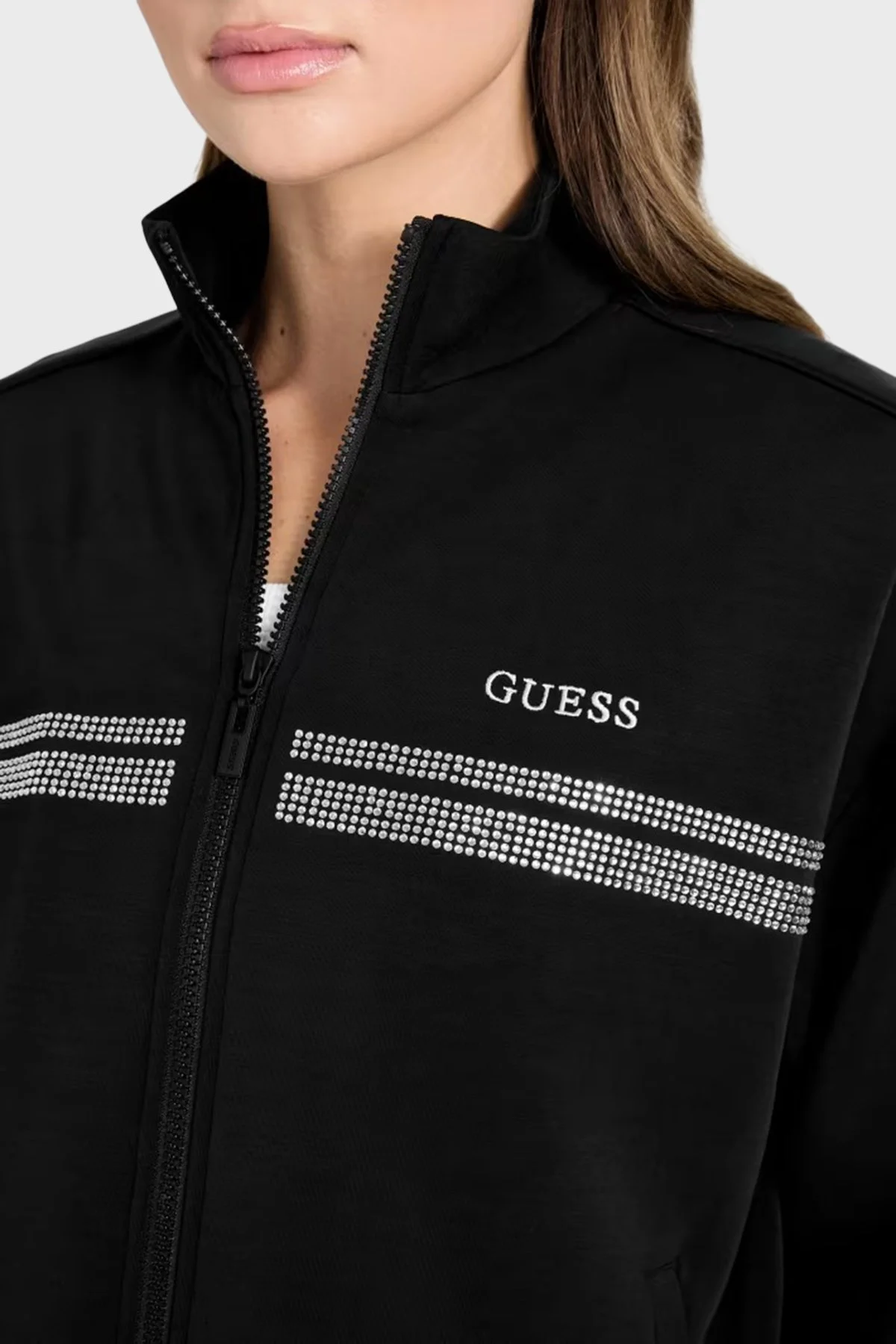 Guess Berthe Taş Detaylı Modal Karışımlı Regular Fit Fermuarlı V6RQ01KCAY2 Bayan Sweat V6RQ01 KCAY2 JBLK SİYAH - 4