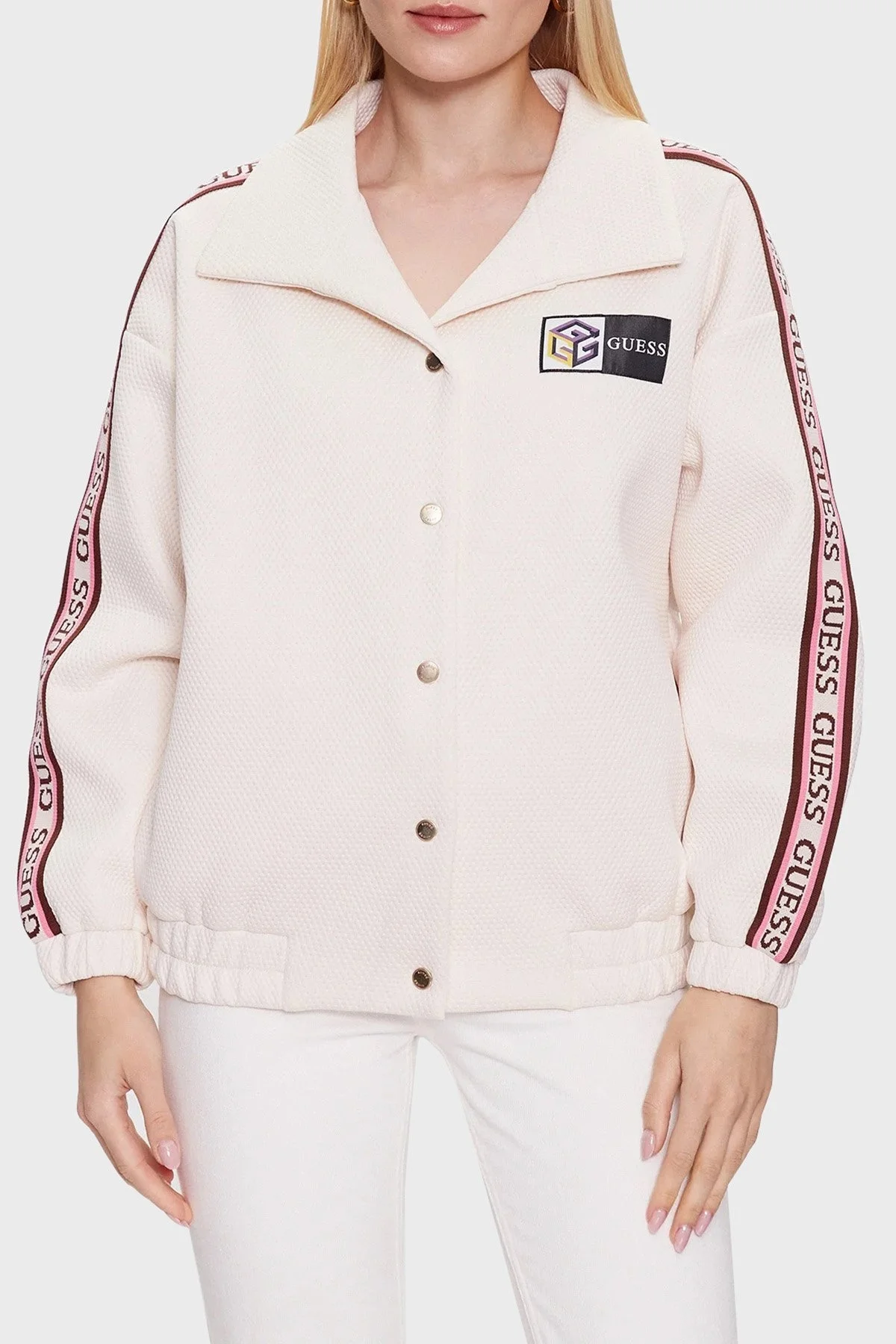 Guess Beulah Logo Şeritli Relaxed Fit Bomber Bayan Ceket V3YL01KBSK0 G65D BEJ - 1