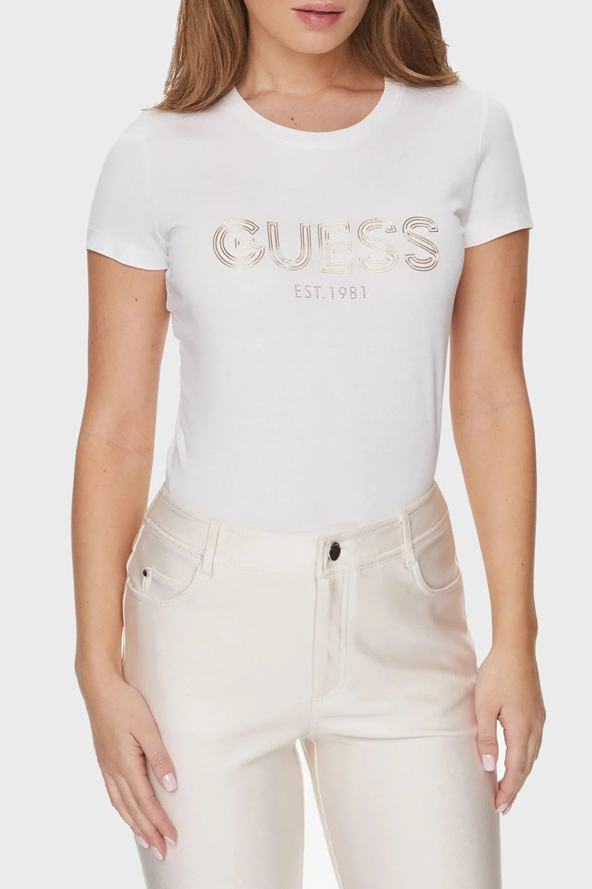 Guess Bold Logo Pamuklu Slim Fit Bisiklet Yaka W4RI29J1314G011 Bayan T Shirt W4RI29J1314 G011 BEYAZ - 1