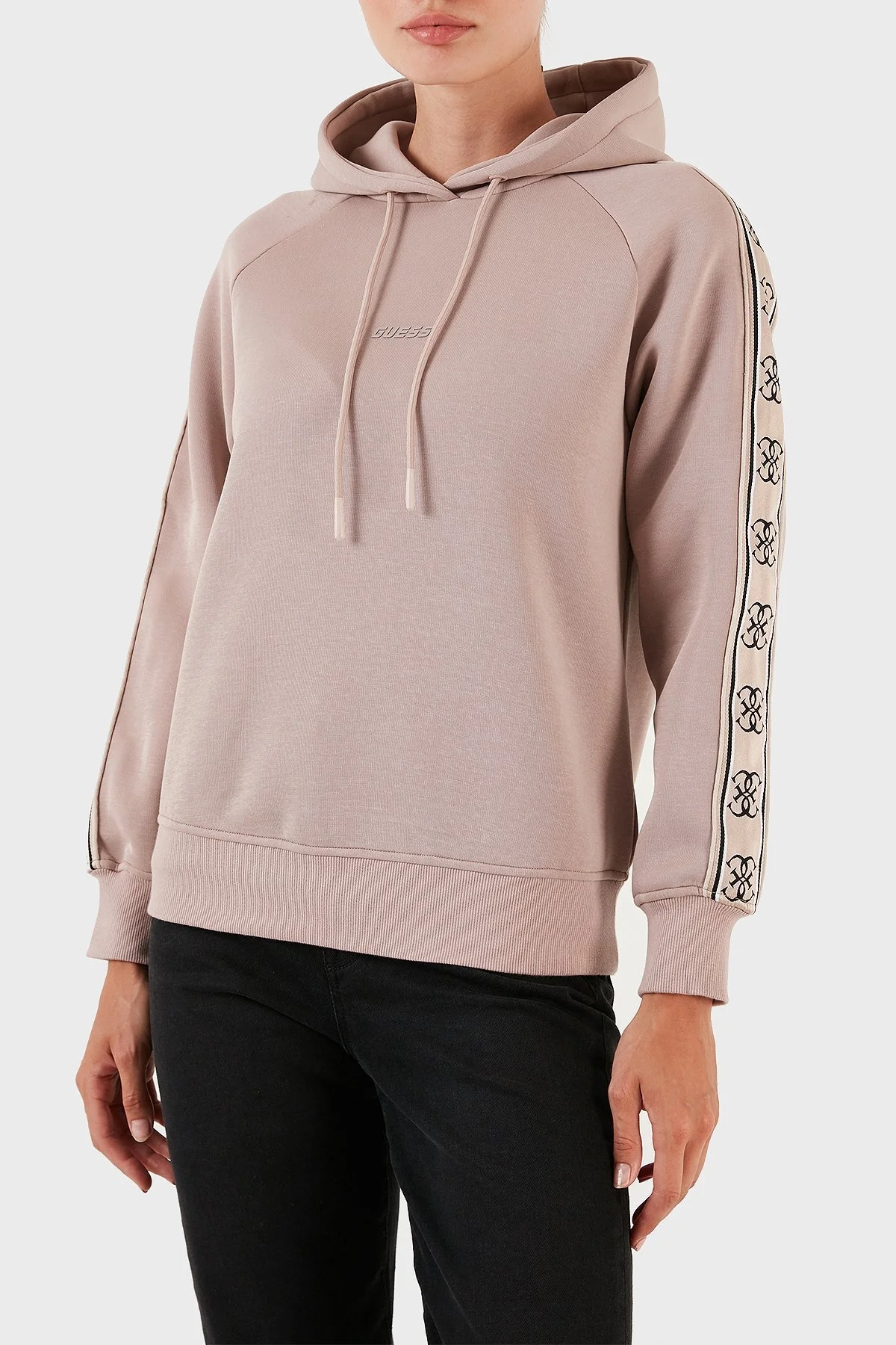 Guess Britney Logo Şeritli Pamuklu Kapüşonlu Regular Fit Bayan Sweat V2YQ15KB3P2 G4Q9 VİZON - 1