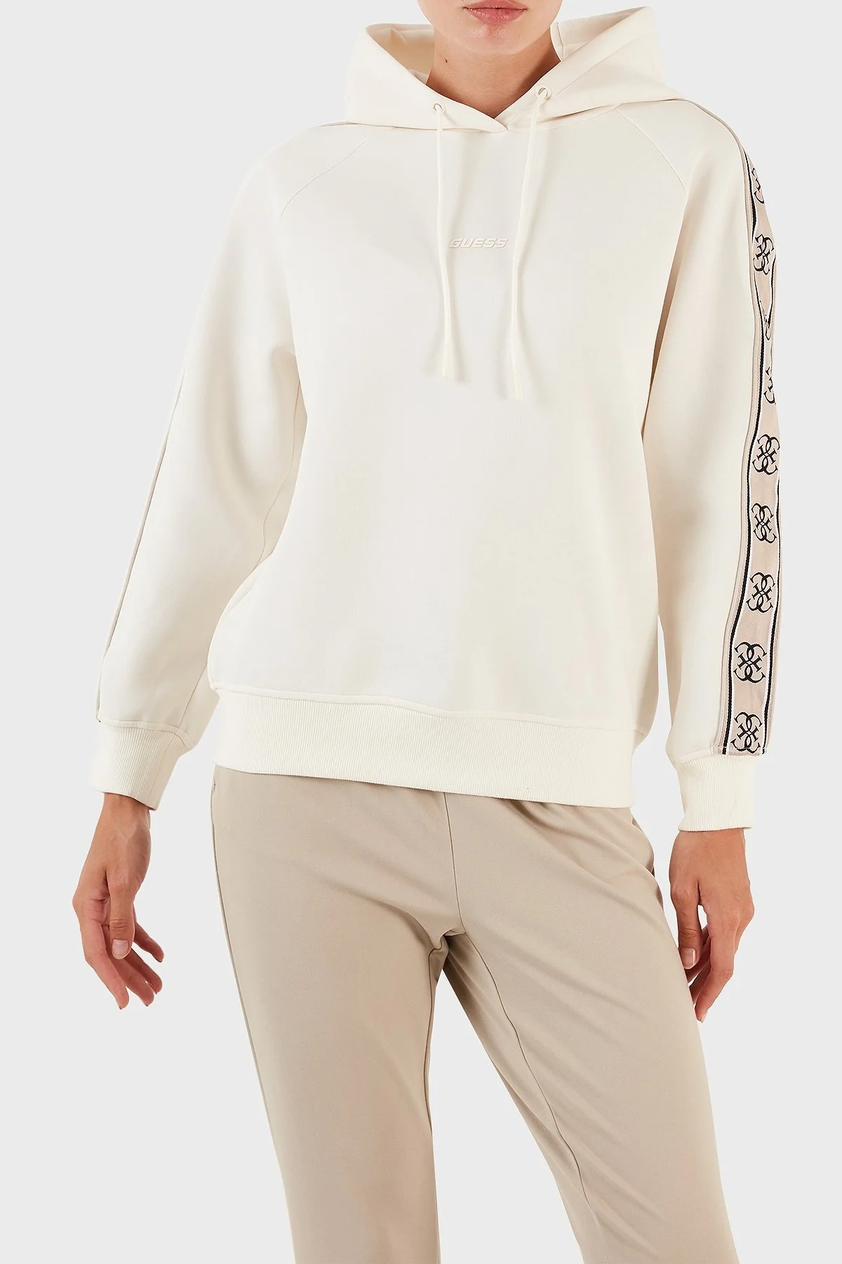 Guess Britney Logo Şeritli Pamuklu Kapüşonlu Regular Fit Bayan Sweat V2YQ15KB3P2 G6K5 EKRU - 1