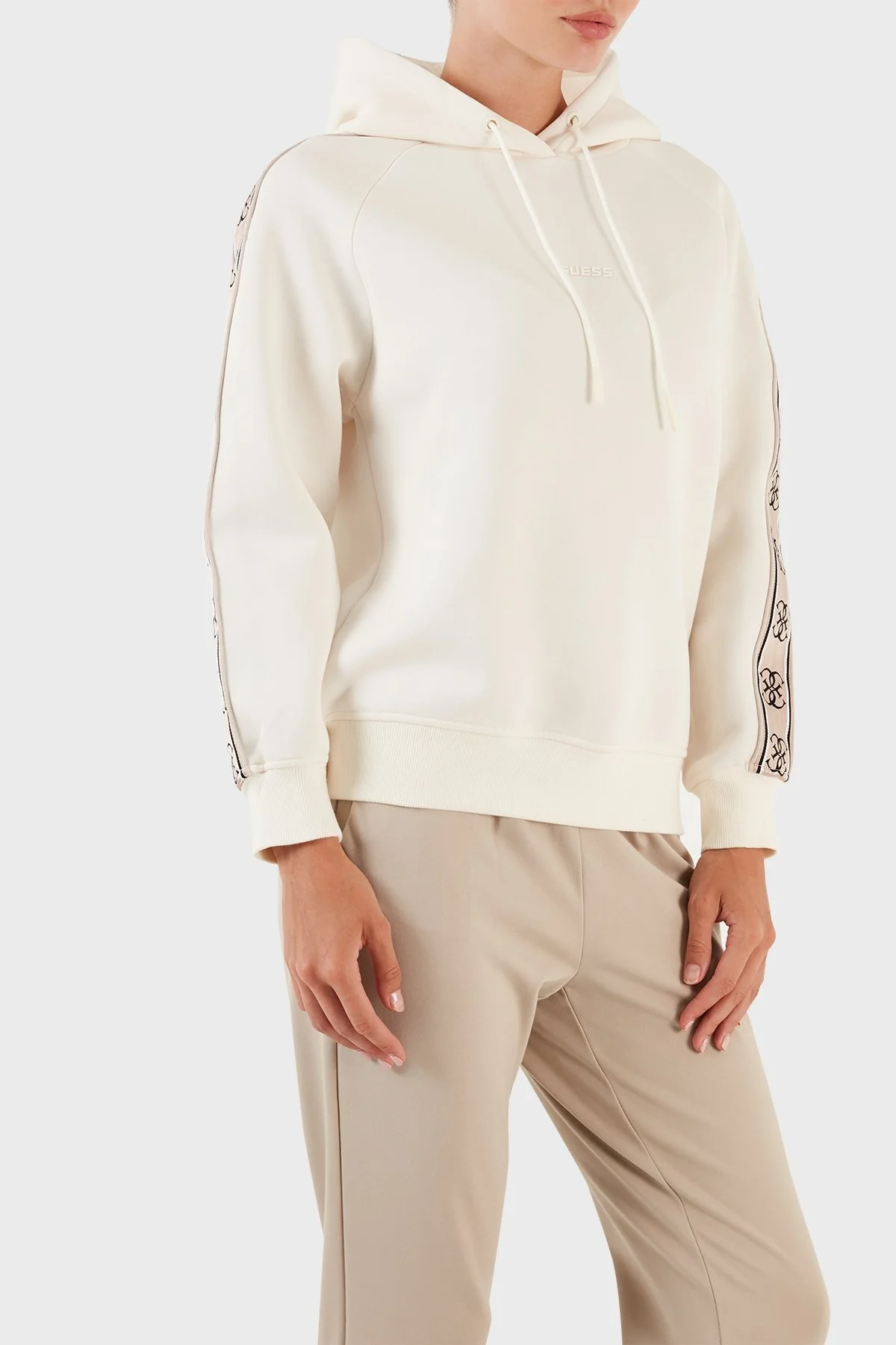 Guess Britney Logo Şeritli Pamuklu Kapüşonlu Regular Fit Bayan Sweat V2YQ15KB3P2 G6K5 EKRU - 6