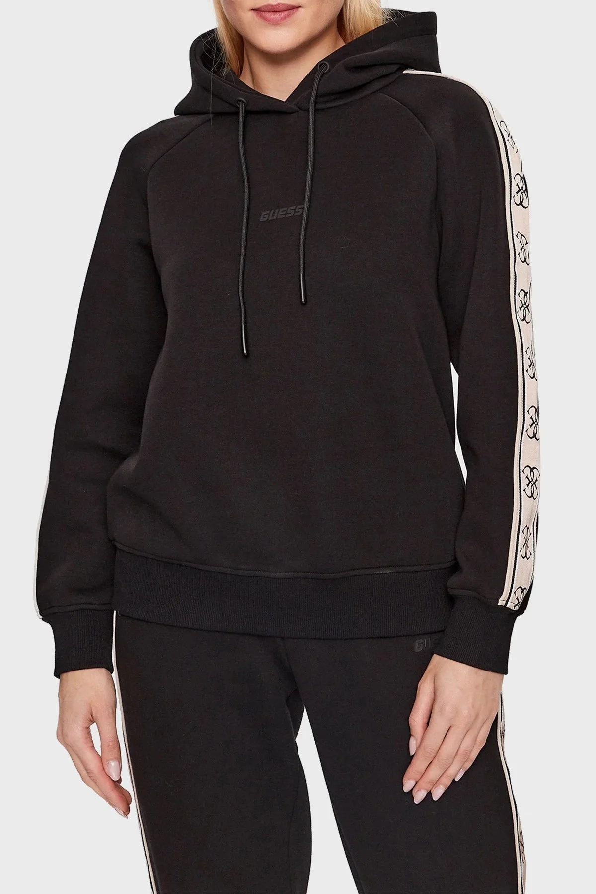 Guess Britney Logo Şeritli Pamuklu Kapüşonlu Regular Fit Bayan Sweat V2YQ15KB3P2 JBLK SİYAH - 1