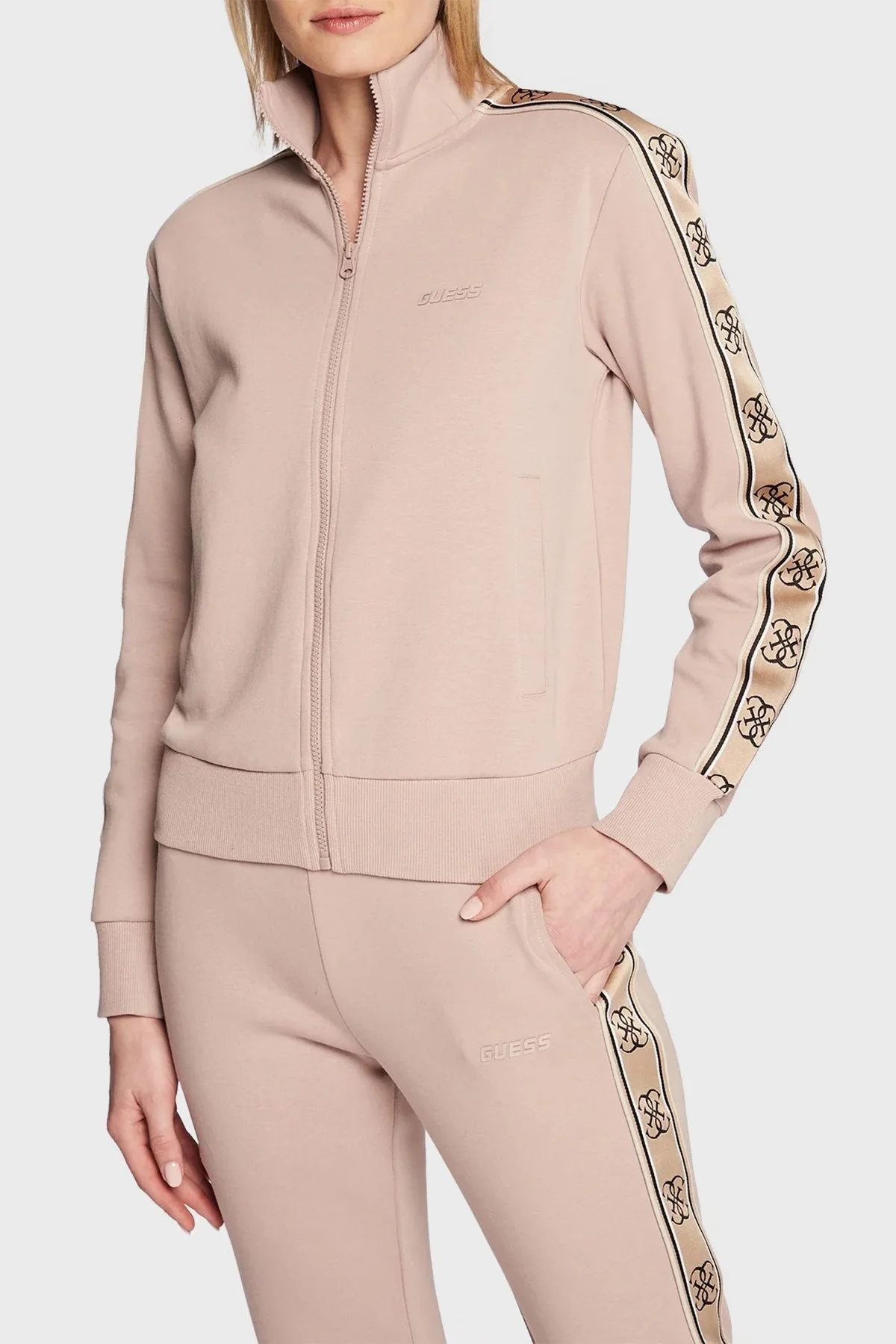 Guess Britney Pamuklu Fermuarlı Regular Fit Dik Yaka Bayan Sweat V2YQ16KA3P1 G4Q9 PUDRA - 1