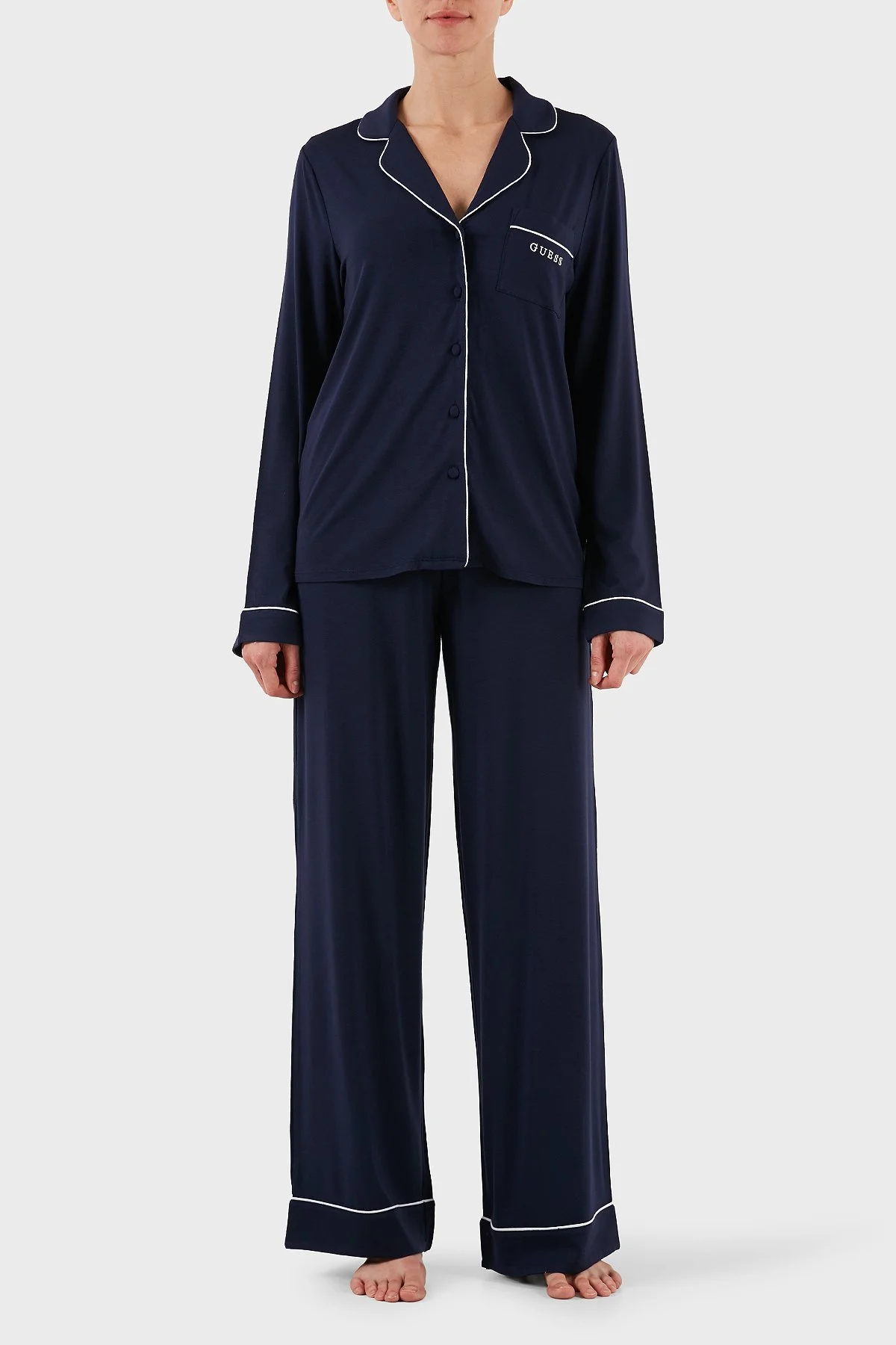 Guess Carlyn Logolu Regular Fit Düğmeli Uzun Kollu O4BX07KCIN2 Bayan Pijama Takımı O4BX07 KCIN2 G757 LACİVERT - 1