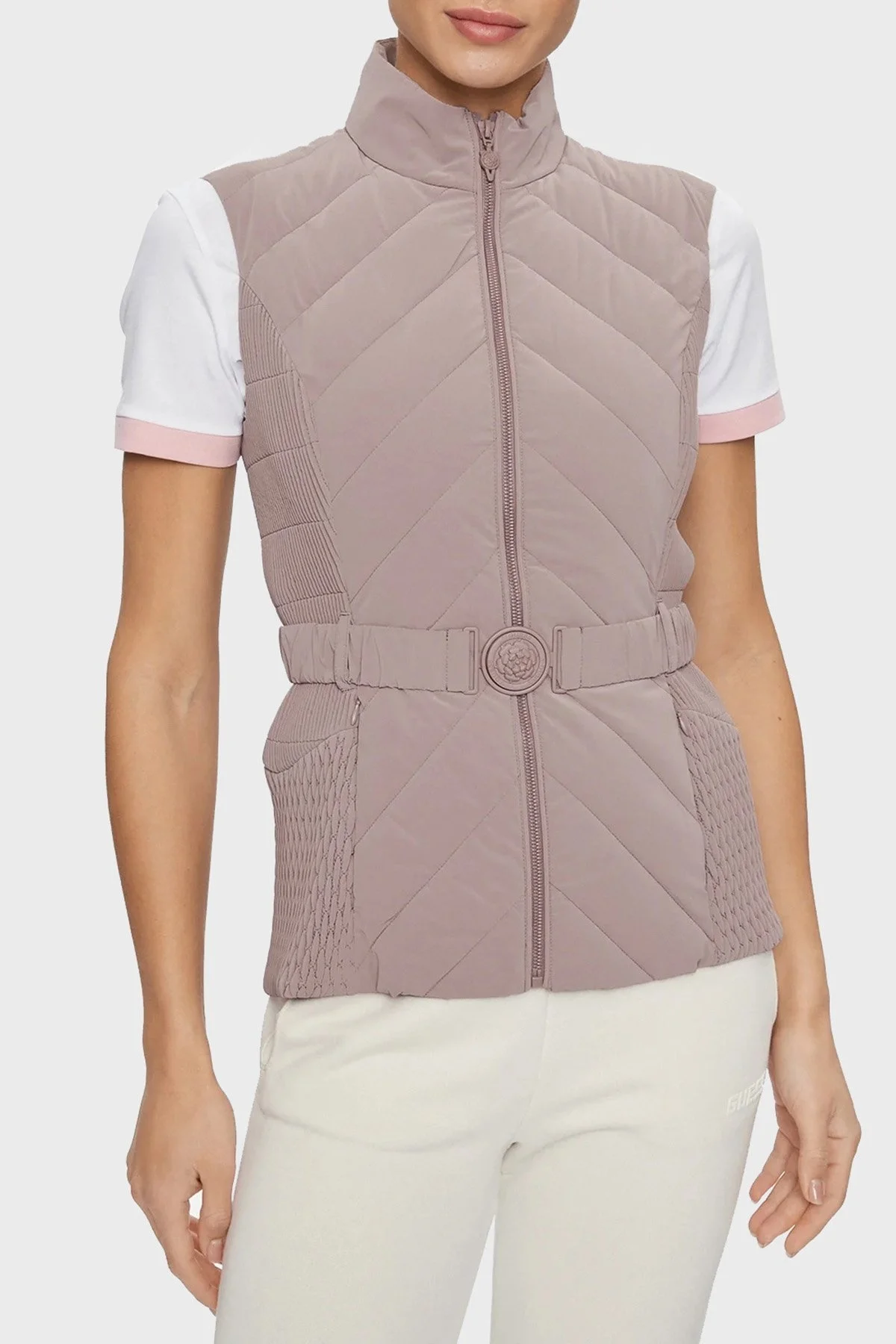 Guess Cassandra Slim Fit Dik Yaka Kemerli W4RN21 WFWR0 Bayan Yelek W4RN21WFWR0 F10H GÜL KURUSU - 1