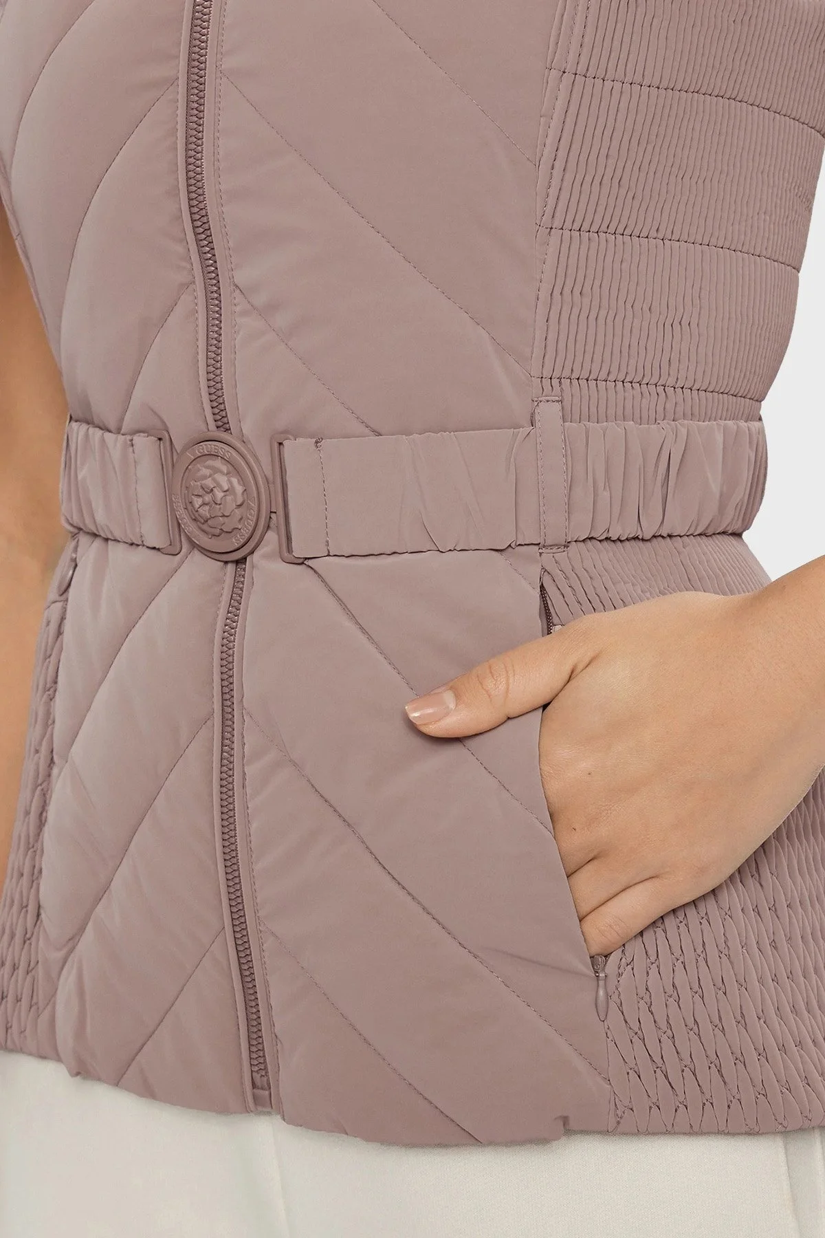 Guess Cassandra Slim Fit Dik Yaka Kemerli W4RN21 WFWR0 Bayan Yelek W4RN21WFWR0 F10H GÜL KURUSU - 6