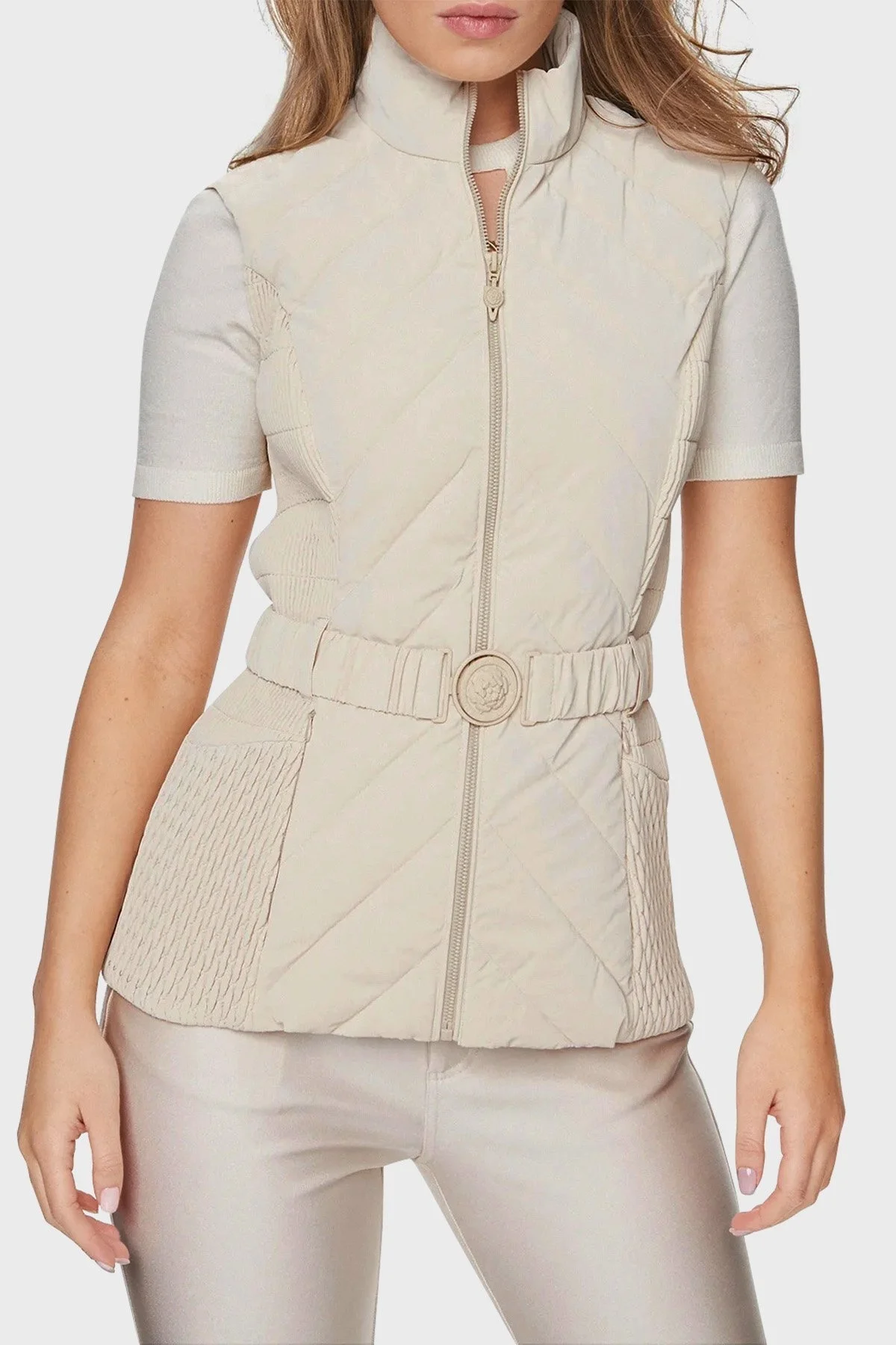 Guess Cassandra Slim Fit Dik Yaka Kemerli W4RN21 WFWR0 Bayan Yelek W4RN21WFWR0 G1F7 EKRU - 1