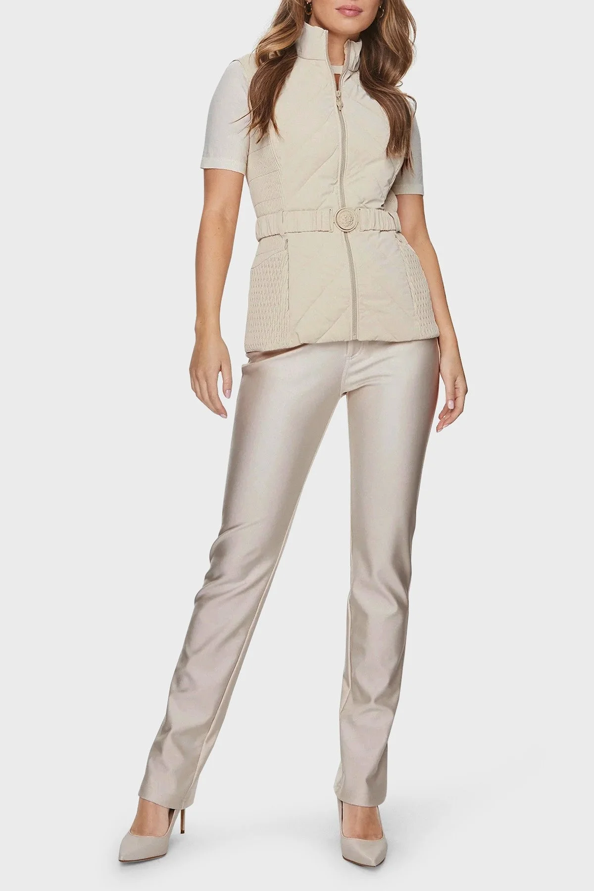 Guess Cassandra Slim Fit Dik Yaka Kemerli W4RN21 WFWR0 Bayan Yelek W4RN21WFWR0 G1F7 EKRU - 3