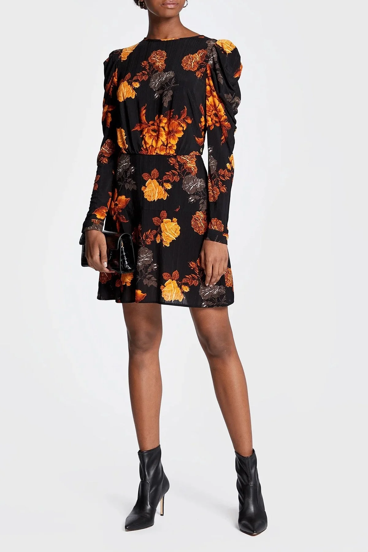 Guess Çiçek Baskılı Kol Detaylı Şifon Bernadette Bayan Elbise W2BK42 KBDQ0 P9MT SİYAH - 1