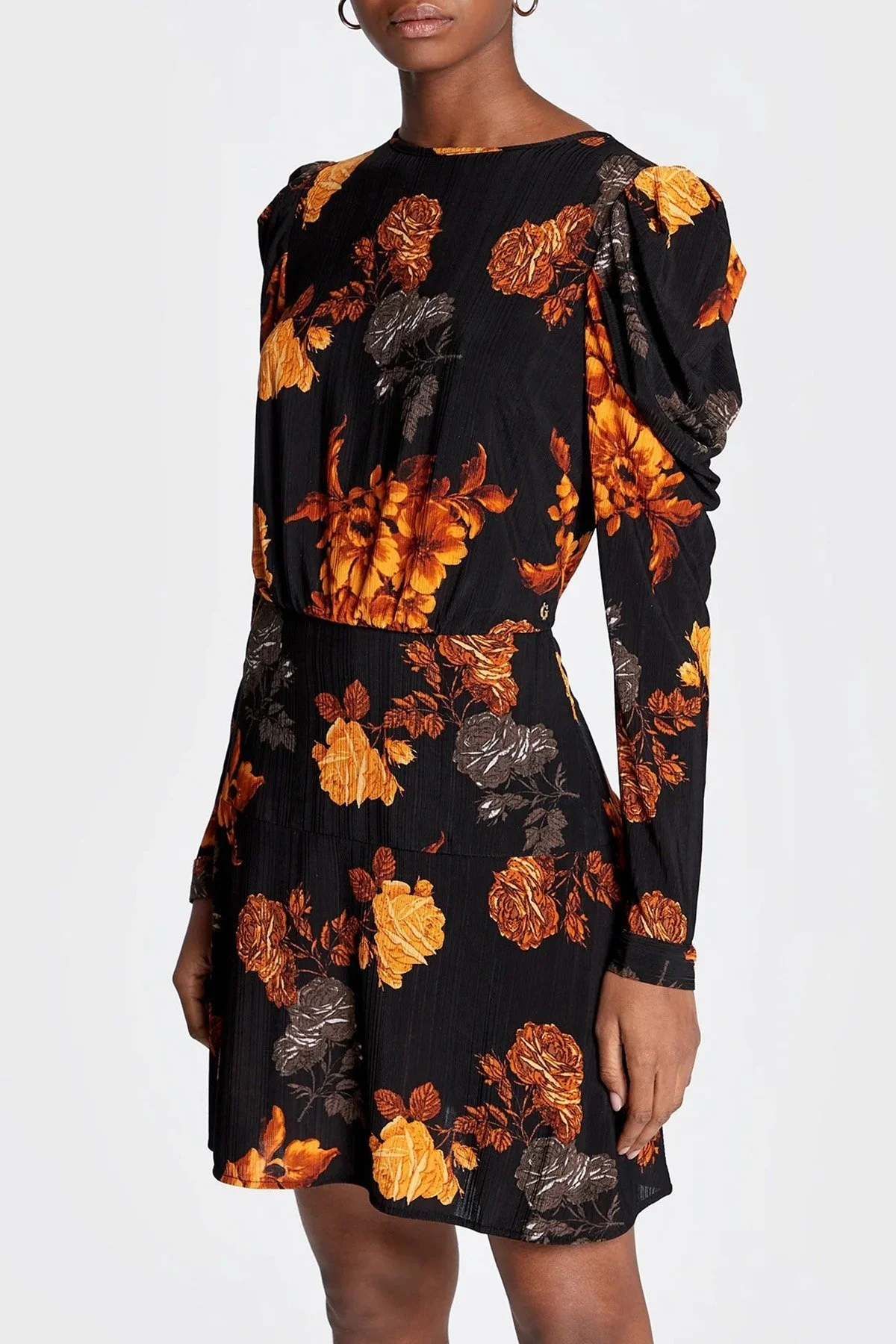 Guess Çiçek Baskılı Kol Detaylı Şifon Bernadette Bayan Elbise W2BK42 KBDQ0 P9MT SİYAH - 2