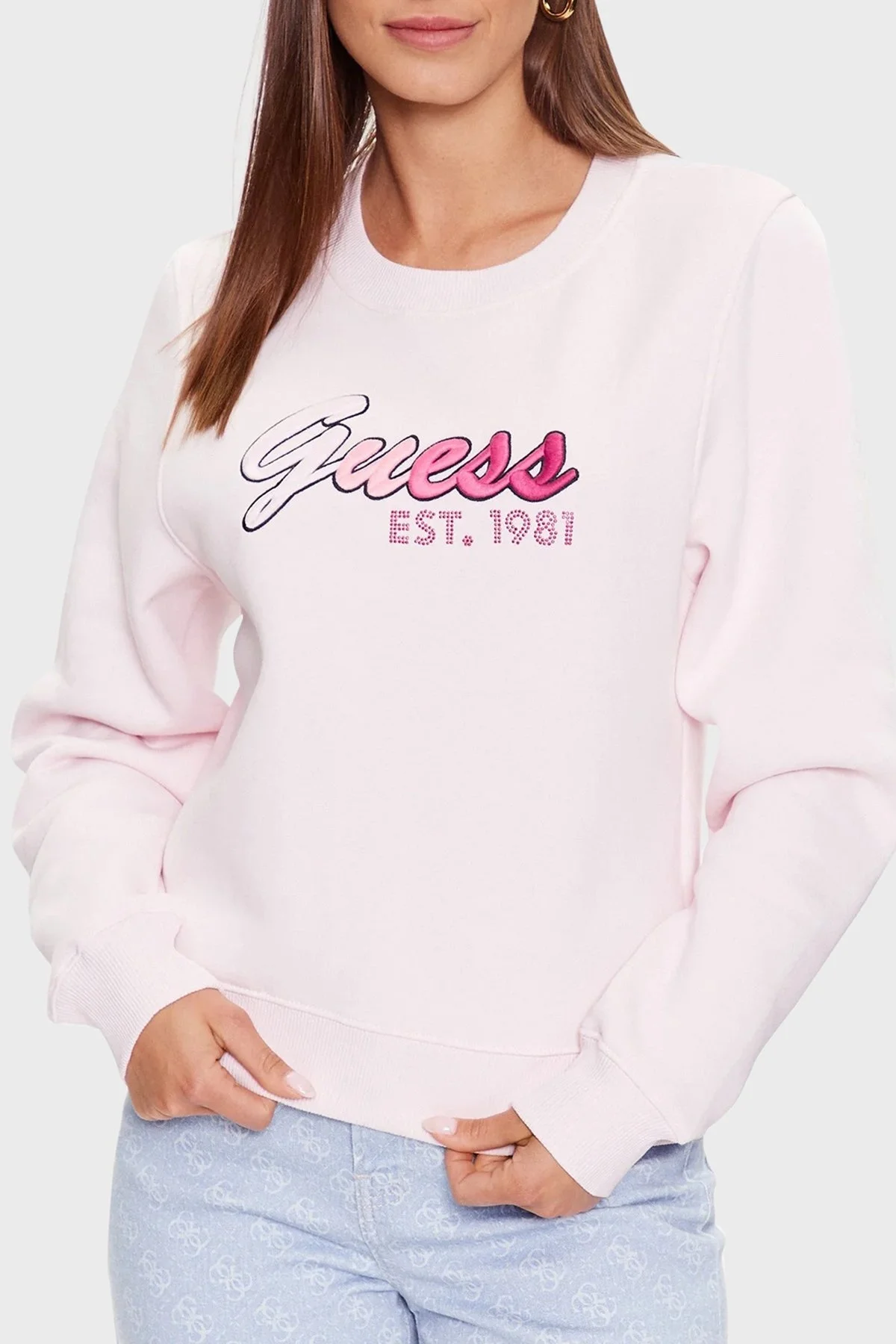 Guess Cn 3d Pamuklu Regular Fit Bisiklet Yaka Bayan Sweat W3YQ11K9Z21 A60W PEMBE - 1