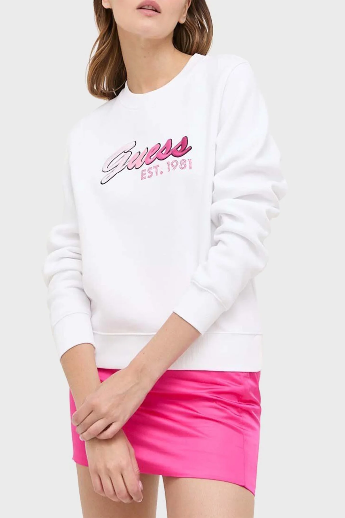 Guess Cn 3d Pamuklu Regular Fit Bisiklet Yaka Bayan Sweat W3YQ11K9Z21 G011 BEYAZ - 1