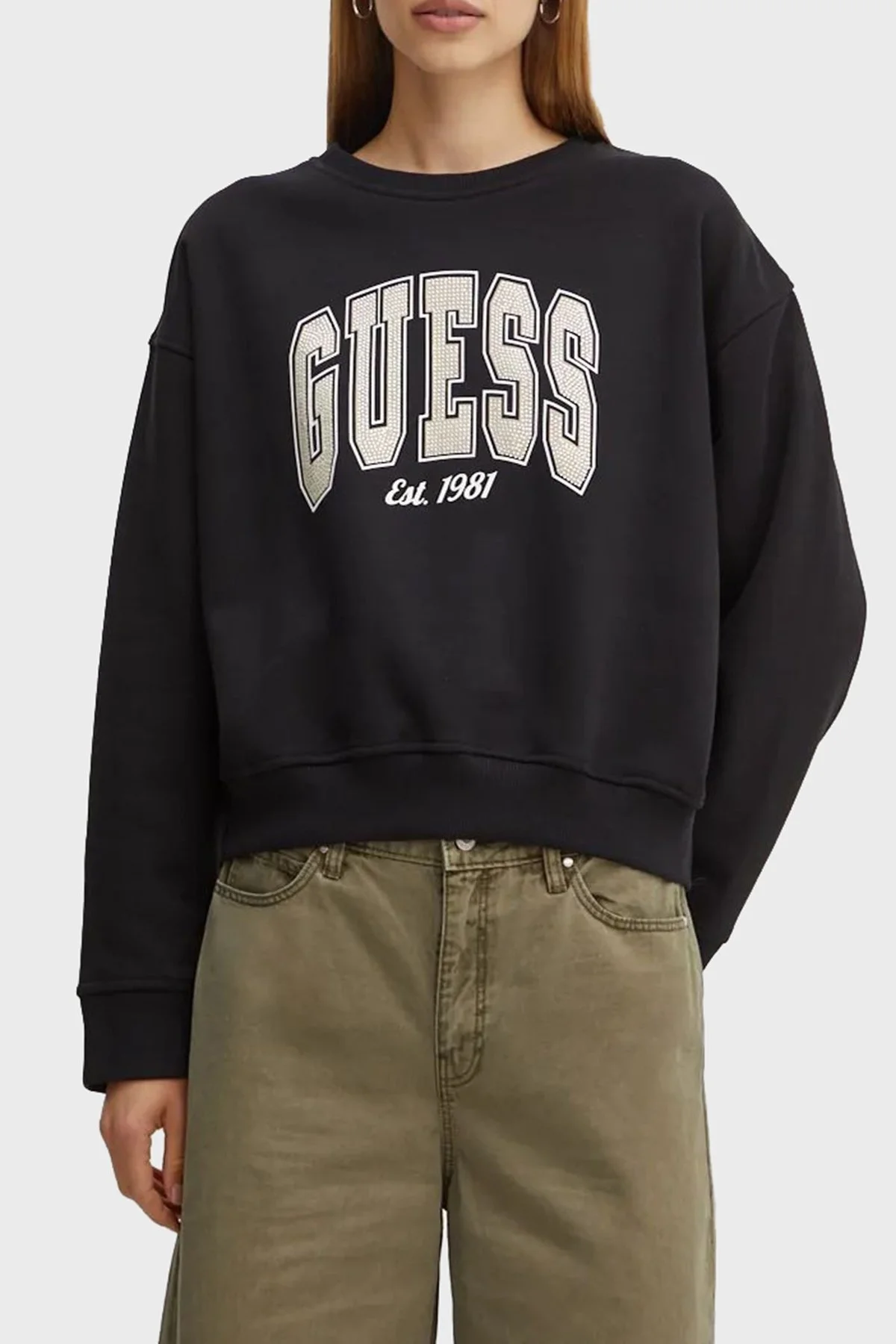 Guess Cn College Pamuklu Relaxed Fit Bisiklet Yaka W4BQ10KBY51 Bayan Sweat W4BQ10 KBY51 JBLK SİYAH - 1