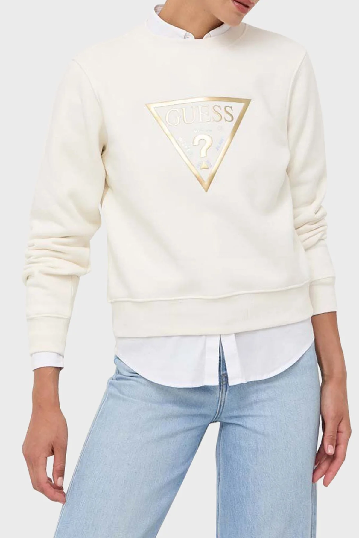 Guess Cn Gold Pamuklu Regular Fit Bisiklet Yaka Bayan Sweat W3YQ12K9Z21 G012 EKRU - 1