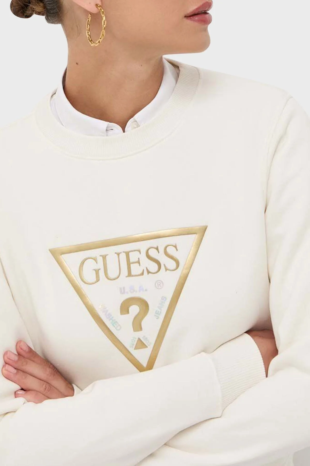Guess Cn Gold Pamuklu Regular Fit Bisiklet Yaka Bayan Sweat W3YQ12K9Z21 G012 EKRU - 4