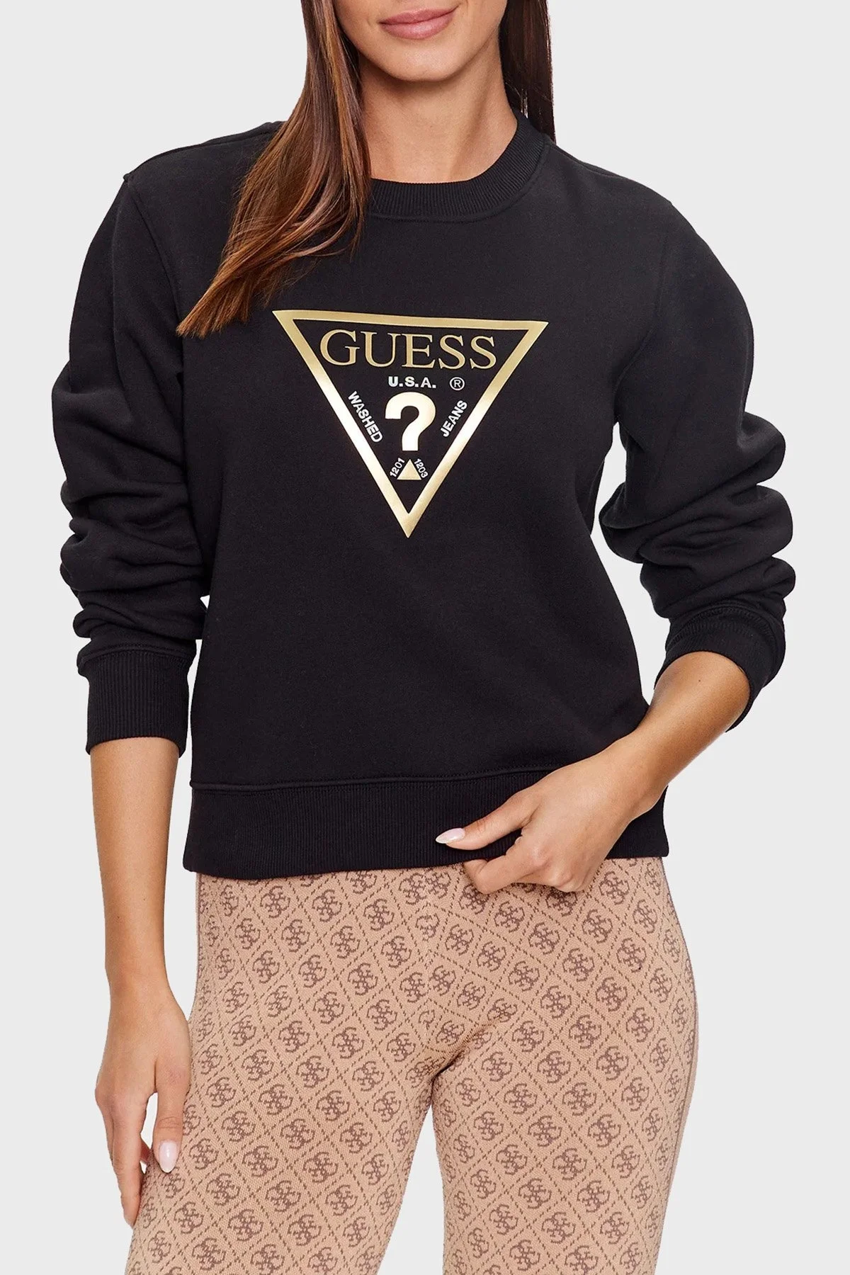 Guess Cn Gold Pamuklu Regular Fit Bisiklet Yaka Bayan Sweat W3YQ12K9Z21 JBLK SİYAH - 1