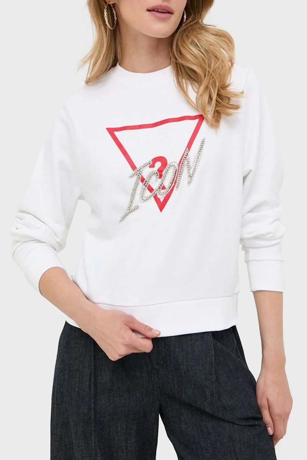 Guess Cn Icon Pamuklu Regular Fit Sıfır Yaka Bayan Sweat W3YQ01KB683 G011 BEYAZ - 1