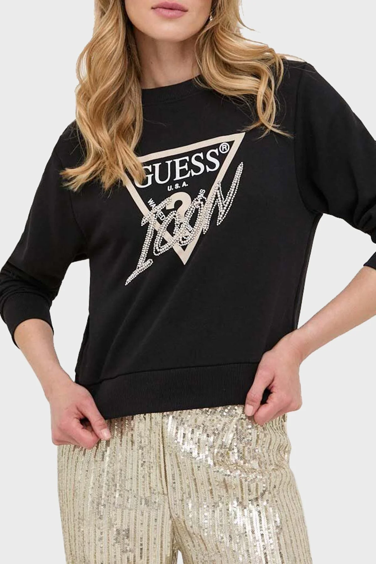 Guess Cn Icon Pamuklu Regular Fit Sıfır Yaka Bayan Sweat W3YQ01KB683 JBLK SİYAH - 1