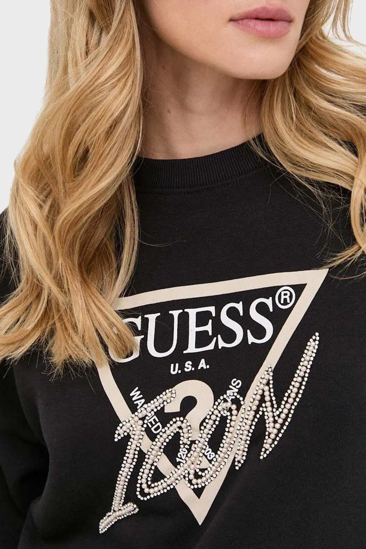 Guess Cn Icon Pamuklu Regular Fit Sıfır Yaka Bayan Sweat W3YQ01KB683 JBLK SİYAH - 7