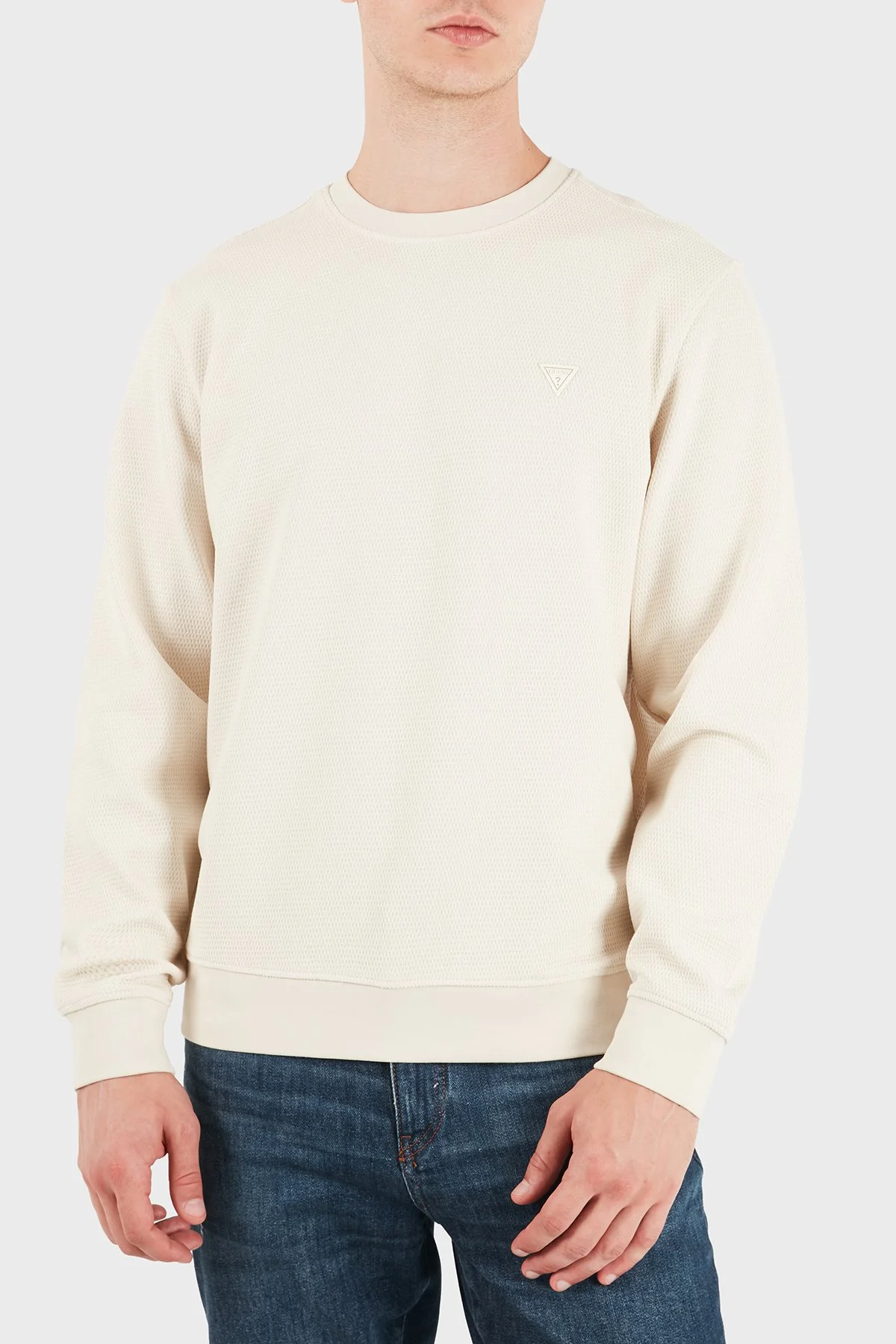 Guess Cn Ls Textured Logolu Pamuklu Bisiklet Yaka M6YQ24K4245 Erkek Sweat M6YQ24 K4245 G1CV Ekru - 1