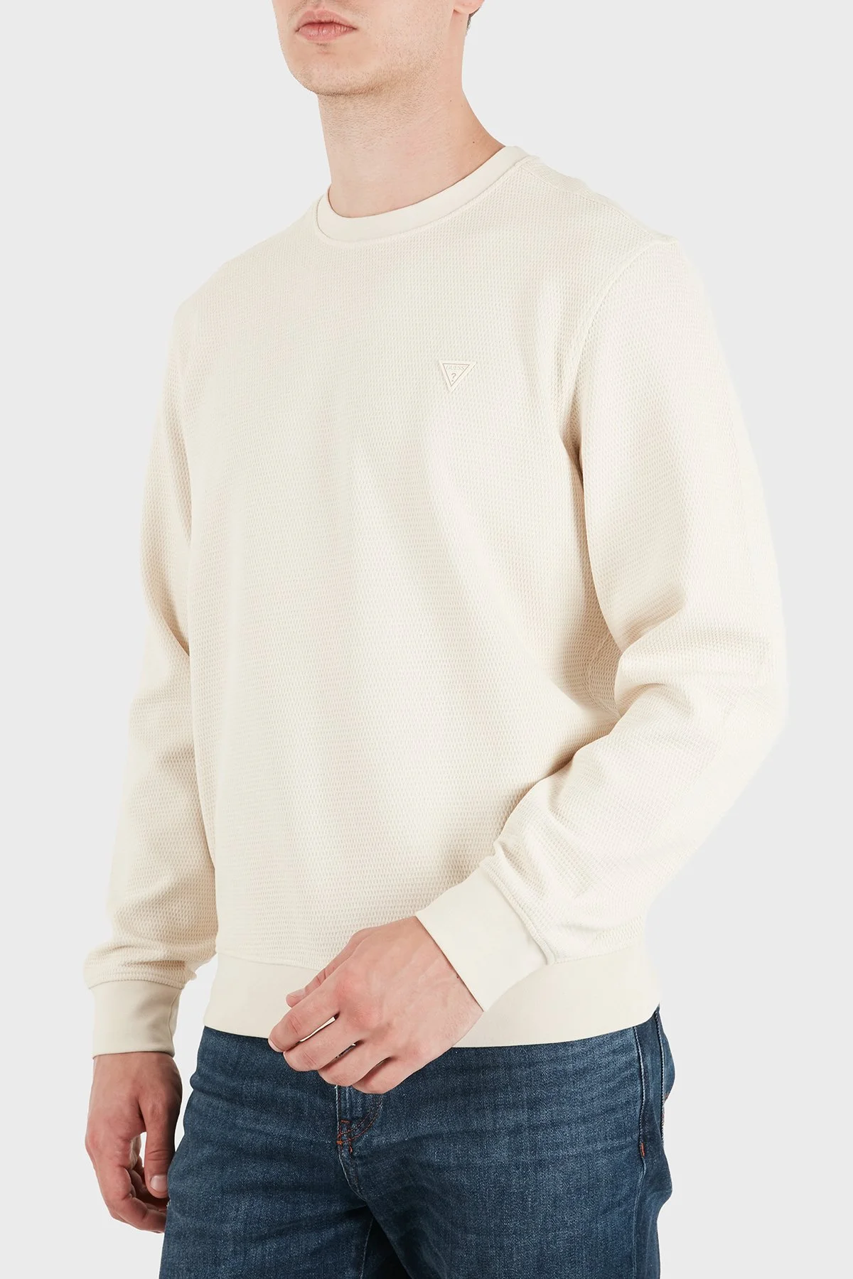 Guess Cn Ls Textured Logolu Pamuklu Bisiklet Yaka M6YQ24K4245 Erkek Sweat M6YQ24 K4245 G1CV Ekru - 3
