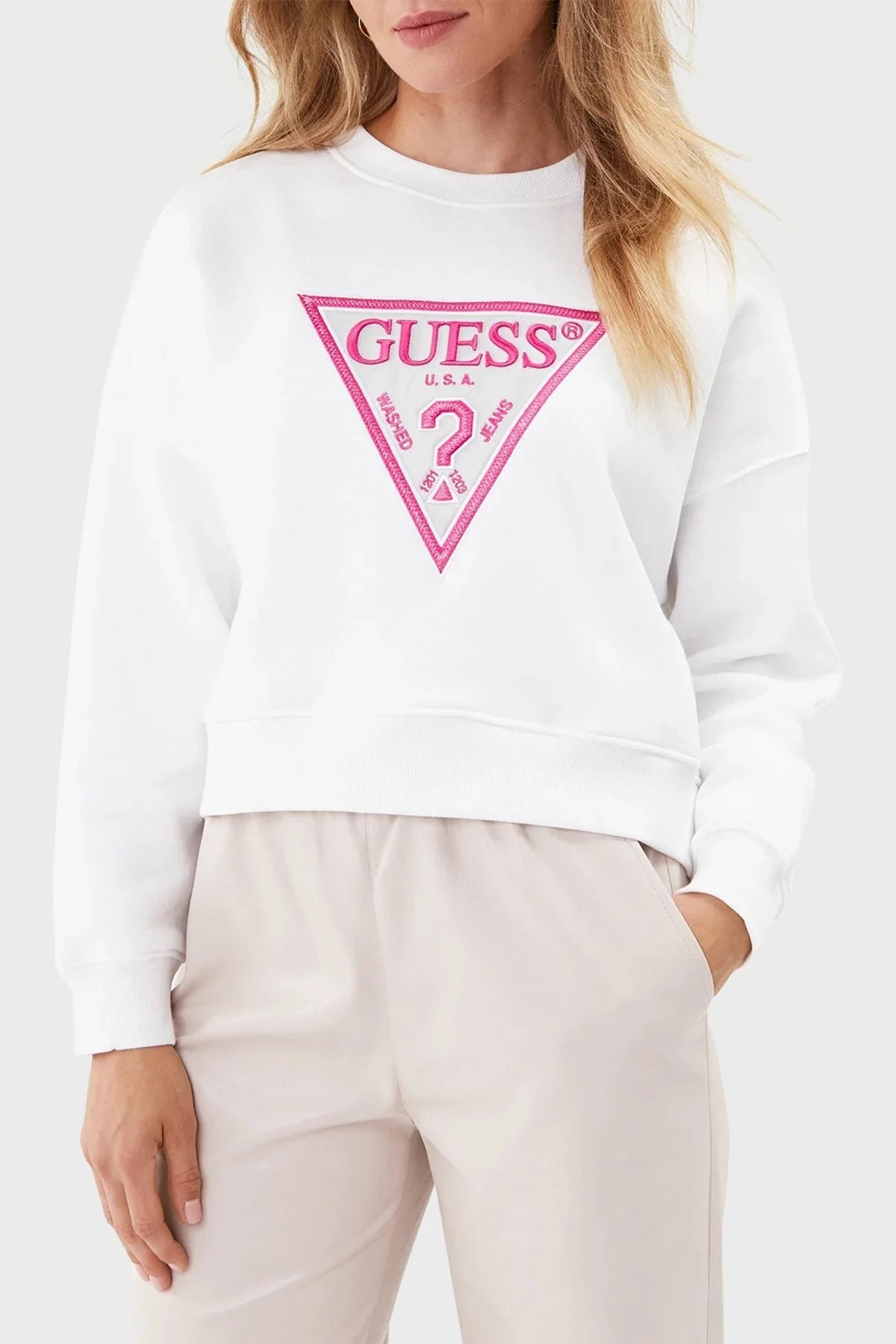 Guess Cn Lurex Pamuklu Regular Fit Bayan Sweat W3BQ11 K9Z21 G011 BEYAZ-PEMBE - 1