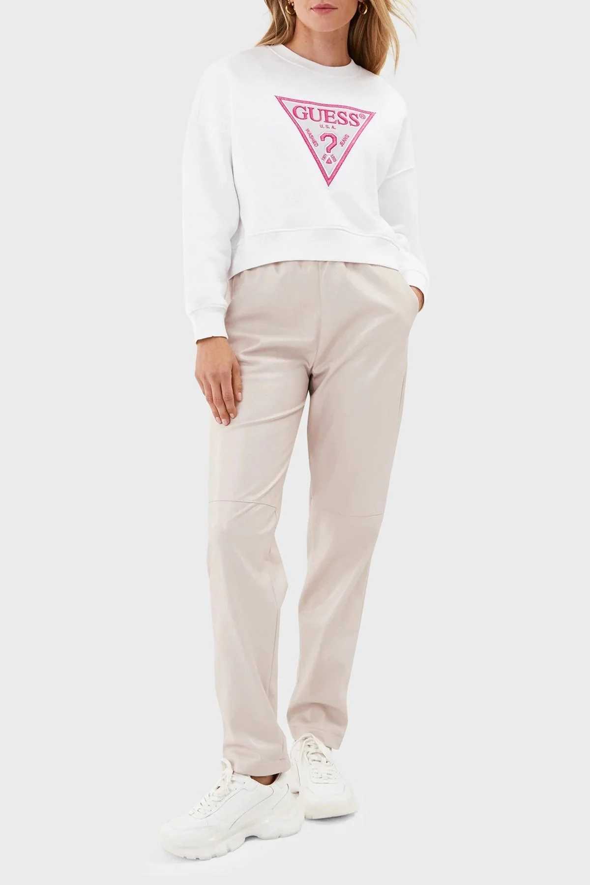 Guess Cn Lurex Pamuklu Regular Fit Bayan Sweat W3BQ11 K9Z21 G011 BEYAZ-PEMBE - 3