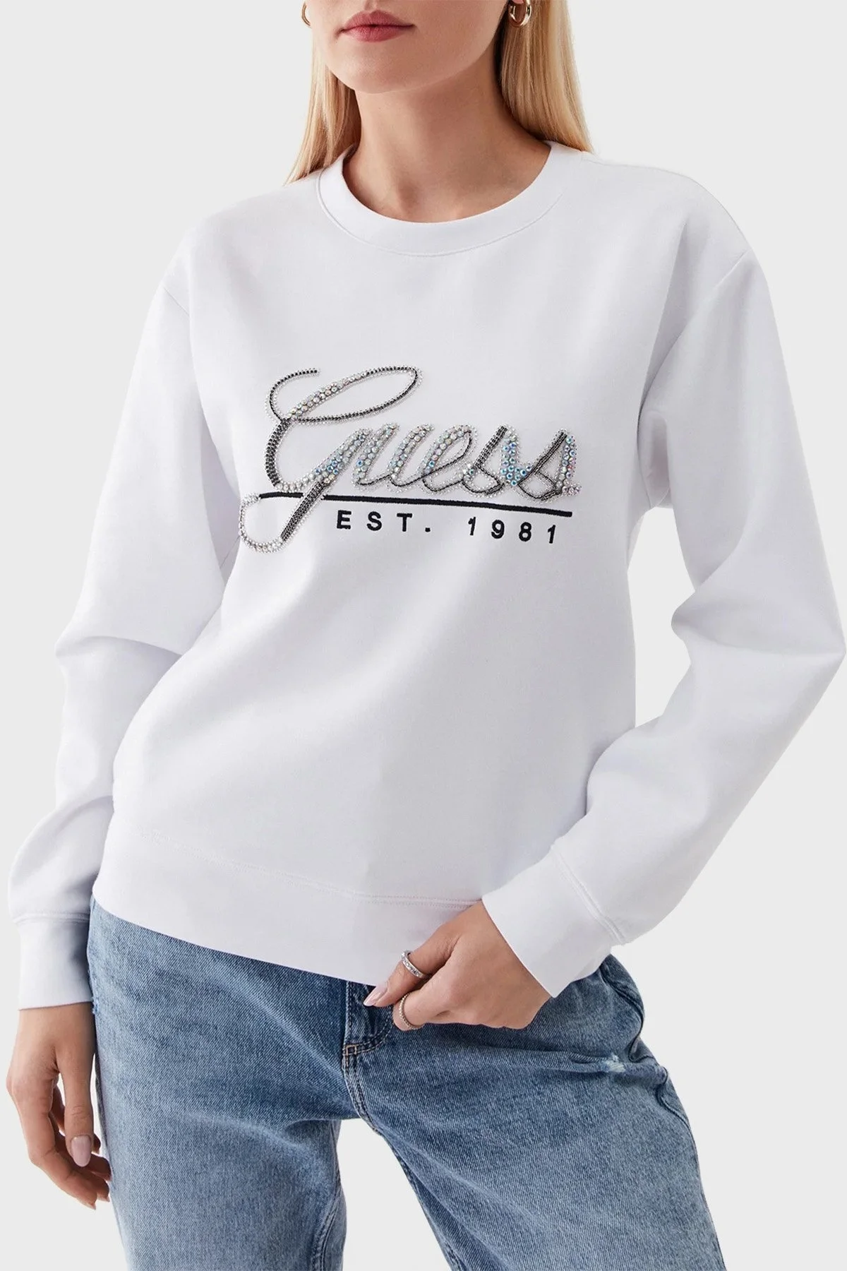 Guess Cn Script Pamuklu Regular Fit Bisiklet Yaka Bayan Sweat W3YQ03KB932 G011 BEYAZ - 1
