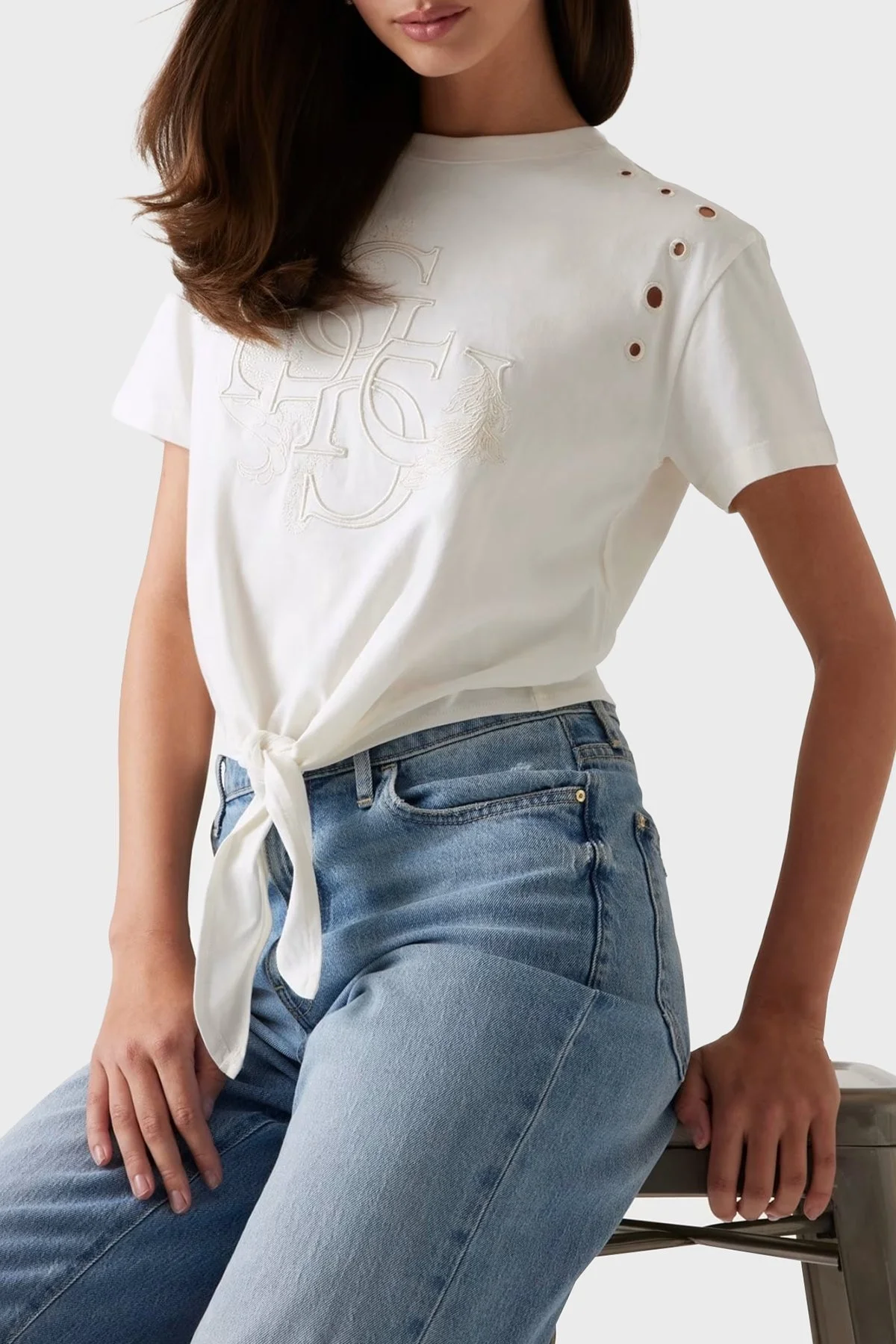 Guess Cn Ss Eyelet Pamuklu Boxy Fit 4G Logolu Crop W5GI18I3Z14 Bayan T Shirt W5GI18 I3Z14 G012 EKRU - 6