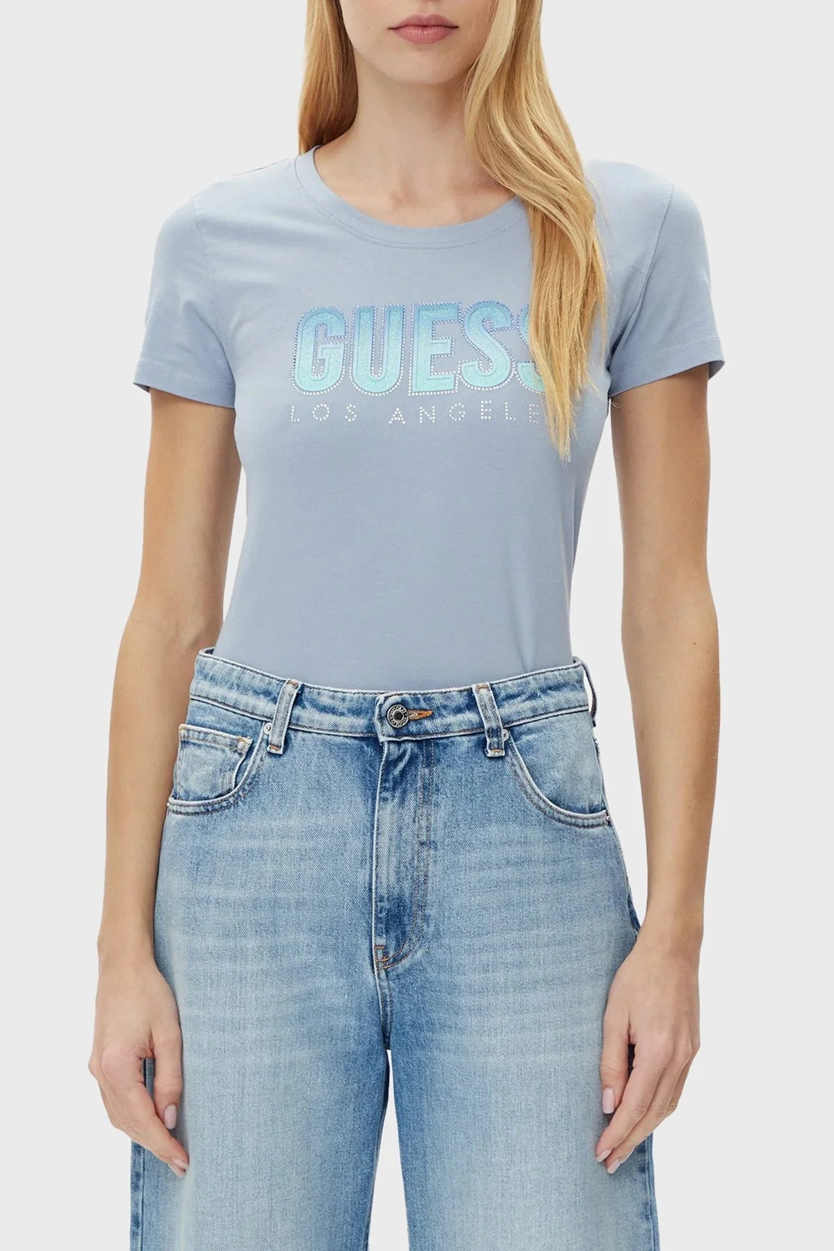 Guess Cn Ss Glitter Pamuklu Taşlı Logo Slim Fit Bisiklet Yaka W5GI14J1314 Bayan T Shirt W5GI14 J1314 A70Q AÇIK MAVİ - 5