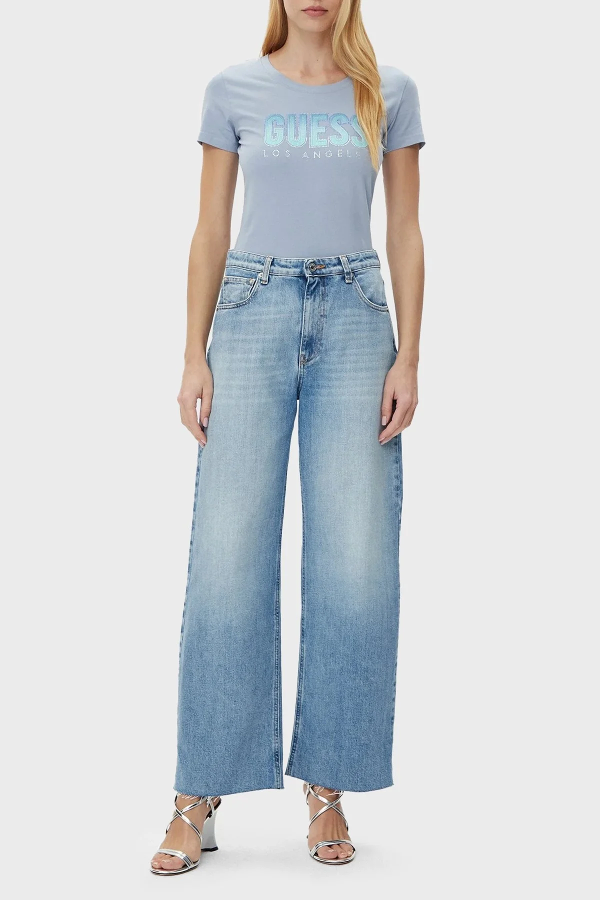 Guess Cn Ss Glitter Pamuklu Taşlı Logo Slim Fit Bisiklet Yaka W5GI14J1314 Bayan T Shirt W5GI14 J1314 A70Q AÇIK MAVİ - 6