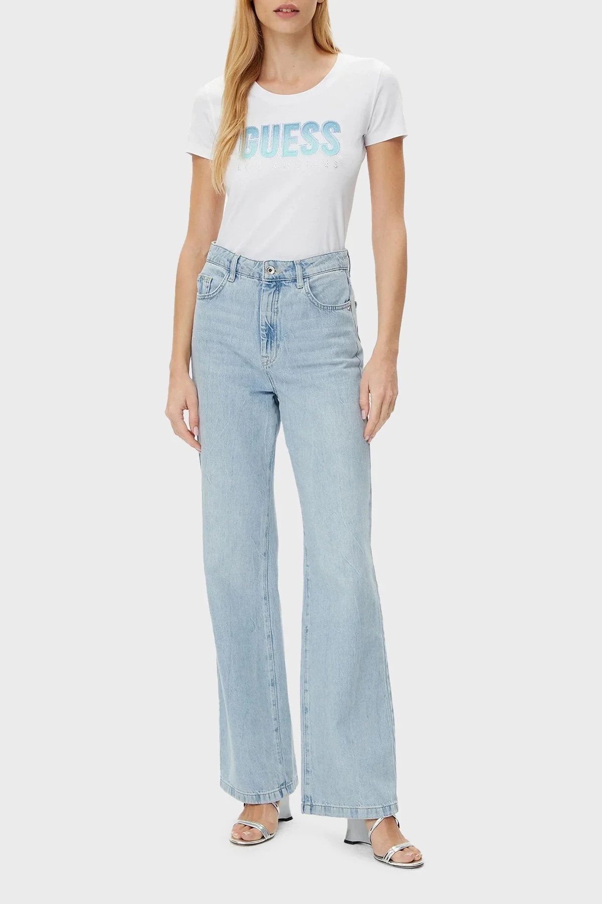 Guess Cn Ss Glitter Streç Pamuklu Slim Fit Sim Logolu W5GI14J1314 Bayan T Shirt W5GI14 J1314 G011 BEYAZ - 7