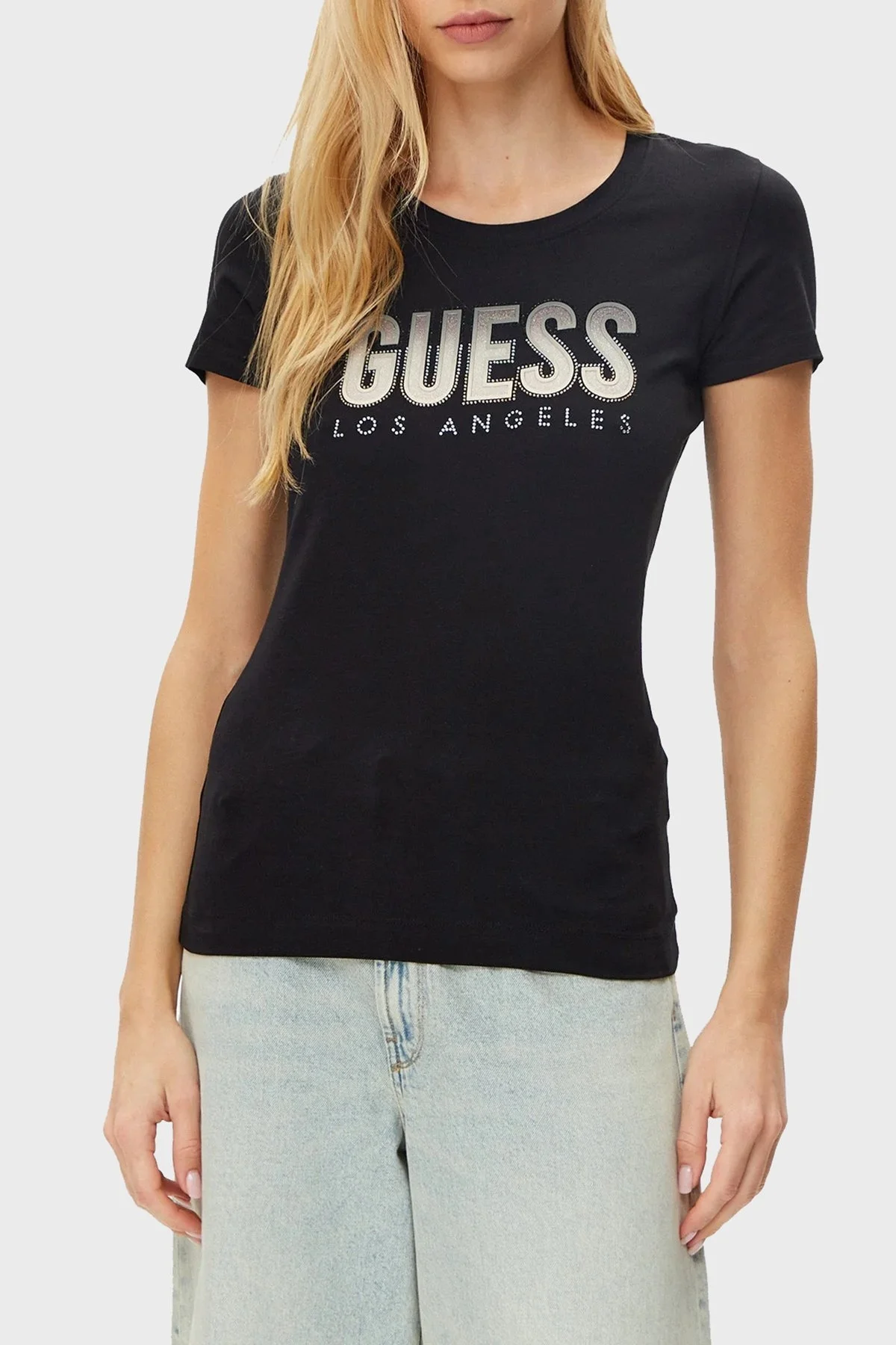 Guess Cn Ss Glitter Streç Pamuklu Slim Fit Sim Logolu W5GI14J1314 Bayan T Shirt W5GI14 J1314 JBLK SİYAH - 6