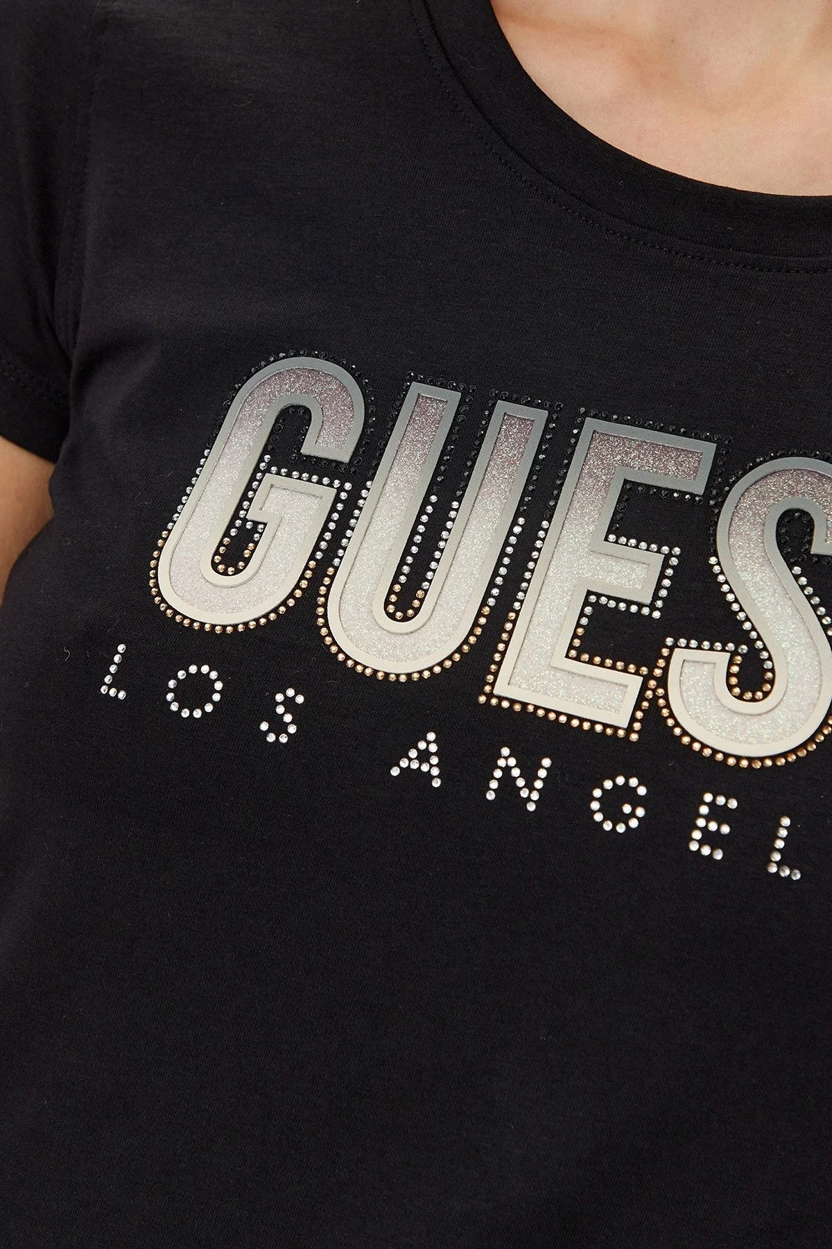Guess Cn Ss Glitter Streç Pamuklu Slim Fit Sim Logolu W5GI14J1314 Bayan T Shirt W5GI14 J1314 JBLK SİYAH - 10