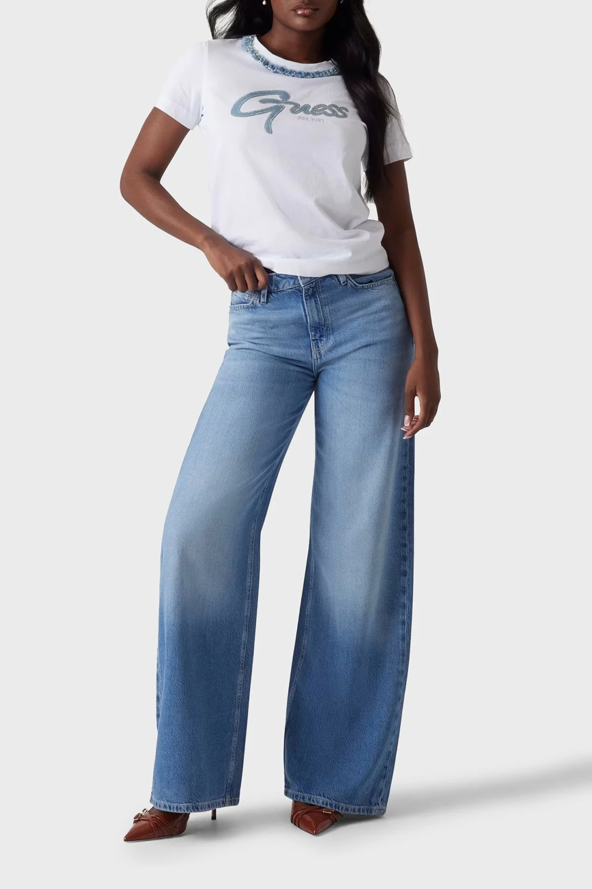 Guess Cn Ss Jeans Pamuklu Regular Fit Zincir Detaylı W5GI03I3Z14 Bayan T Shirt W5GI03 I3Z14 G011 BEYAZ - 7