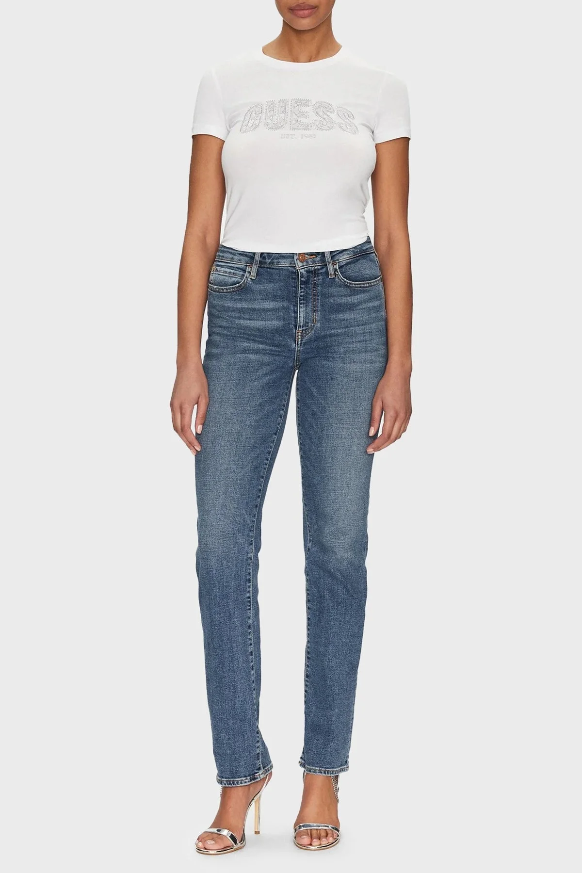 Guess Cn Ss Logo Streç Pamuklu Slim Fit Bisiklet Yaka W5GI04J1314 Bayan T Shirt W5GI04 J1314 G011 BEYAZ - 7