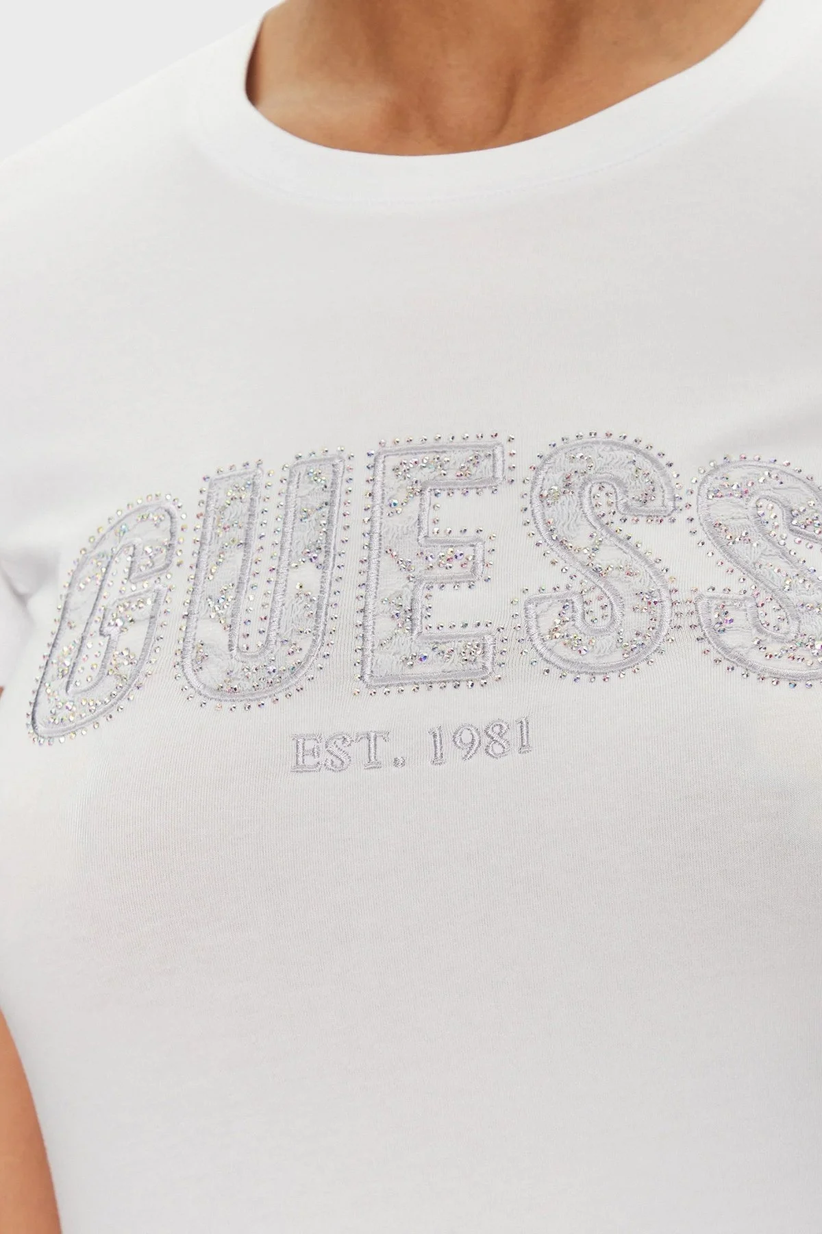 Guess Cn Ss Logo Streç Pamuklu Slim Fit Bisiklet Yaka W5GI04J1314 Bayan T Shirt W5GI04 J1314 G011 BEYAZ - 10