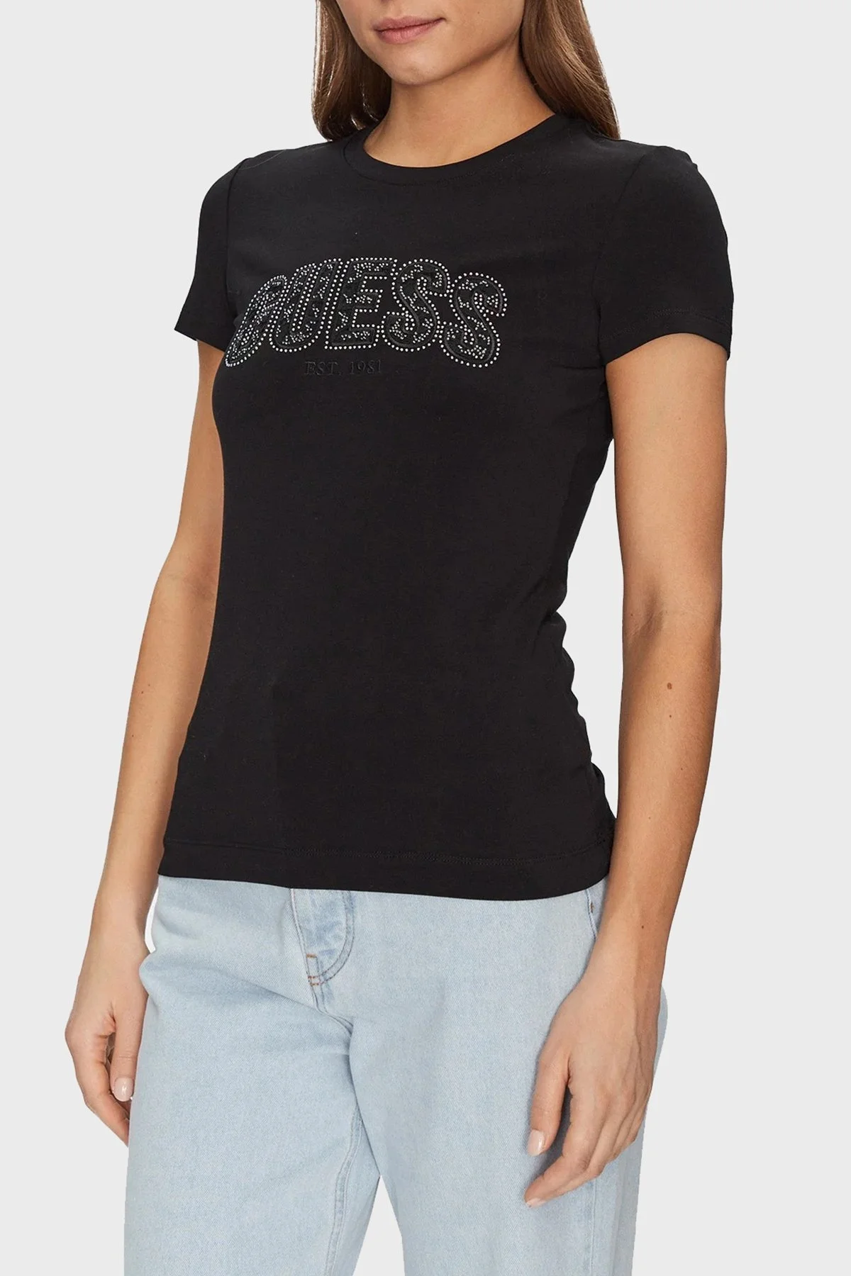 Guess Cn Ss Logo Streç Pamuklu Slim Fit Bisiklet Yaka W5GI04J1314 Bayan T Shirt W5GI04 J1314 JBLK SİYAH - 6